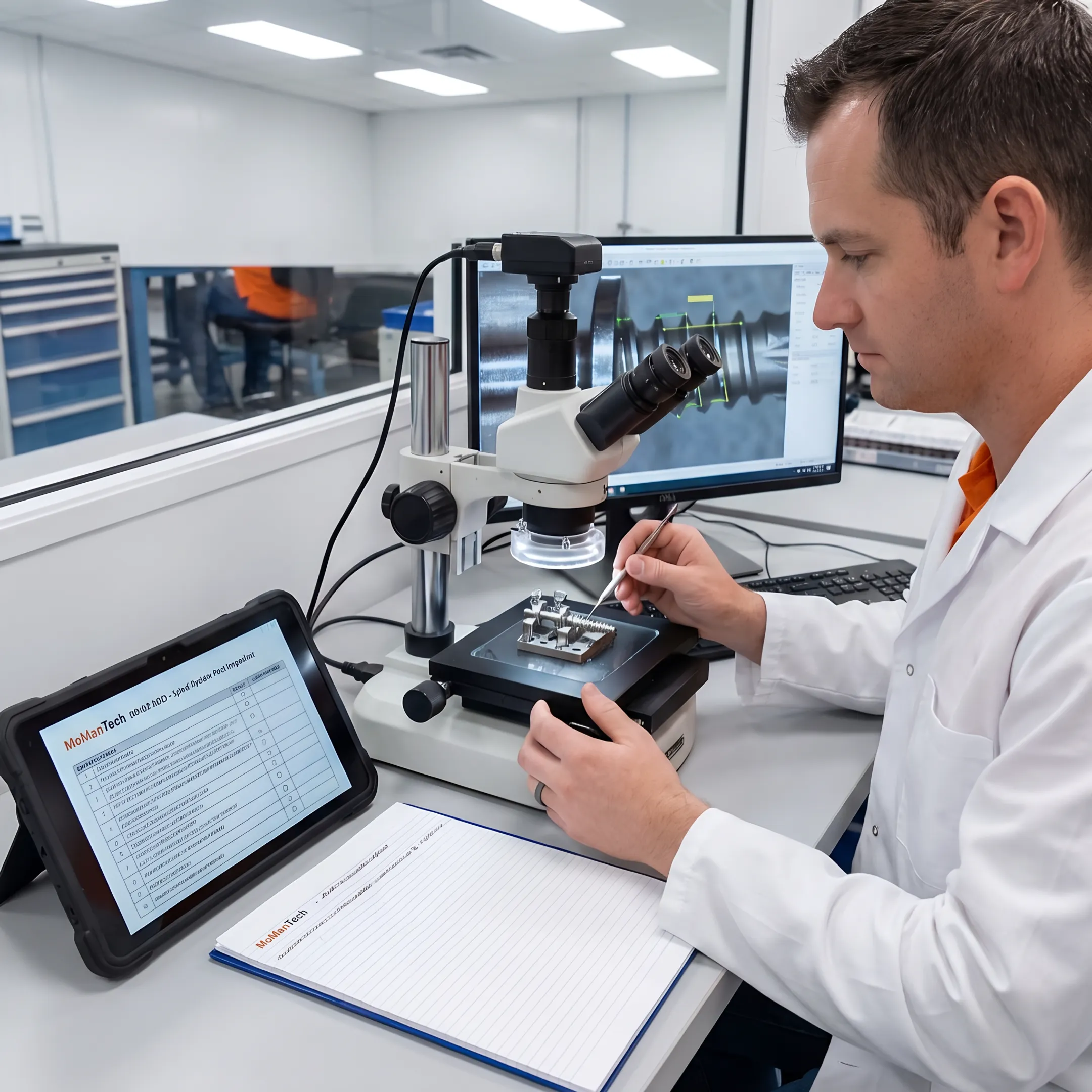 Engineer reviewing a precision orthopedic instrument prototype near CNC machining equipment