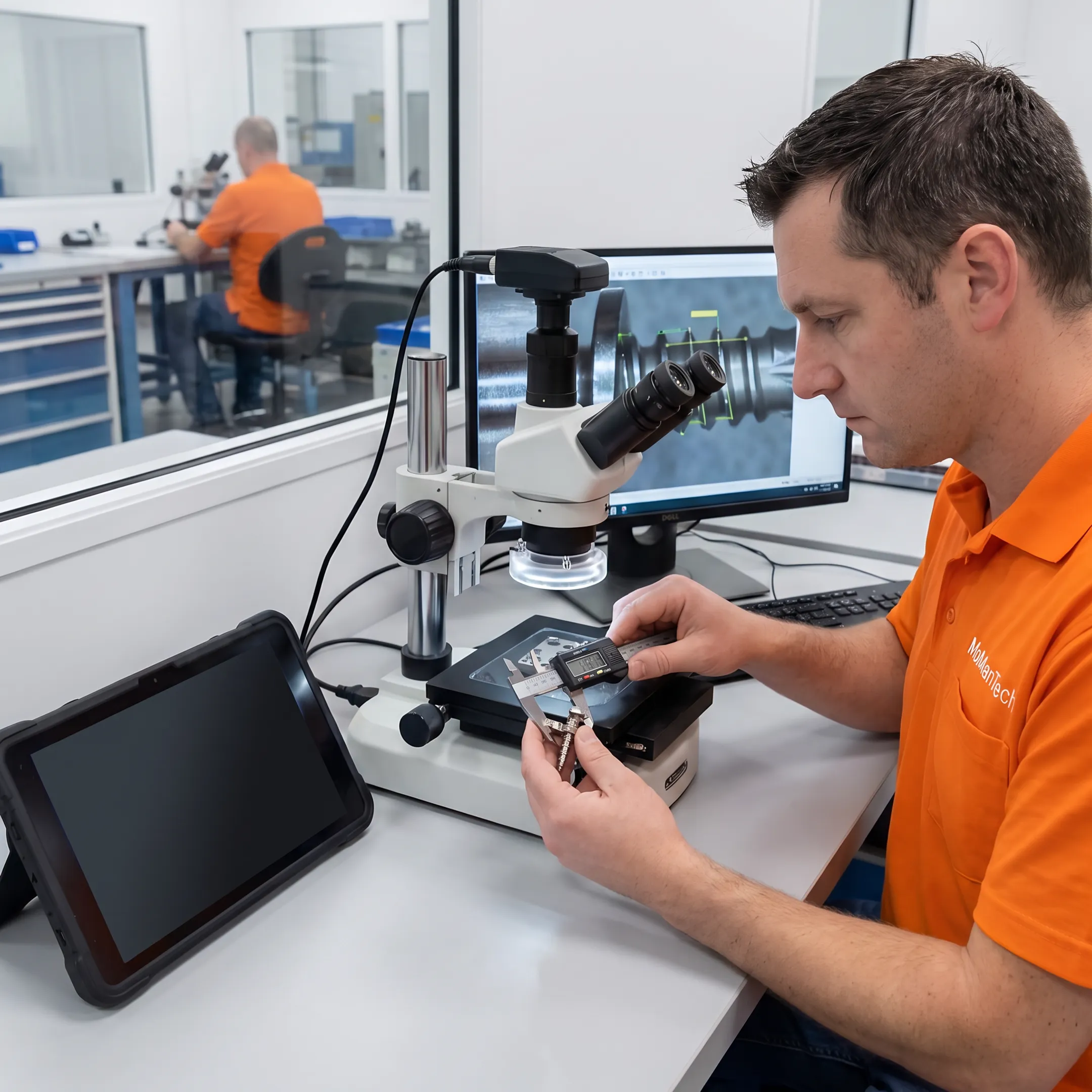 Precision orthopedic implant component prototype being inspected by a manufacturing engineer