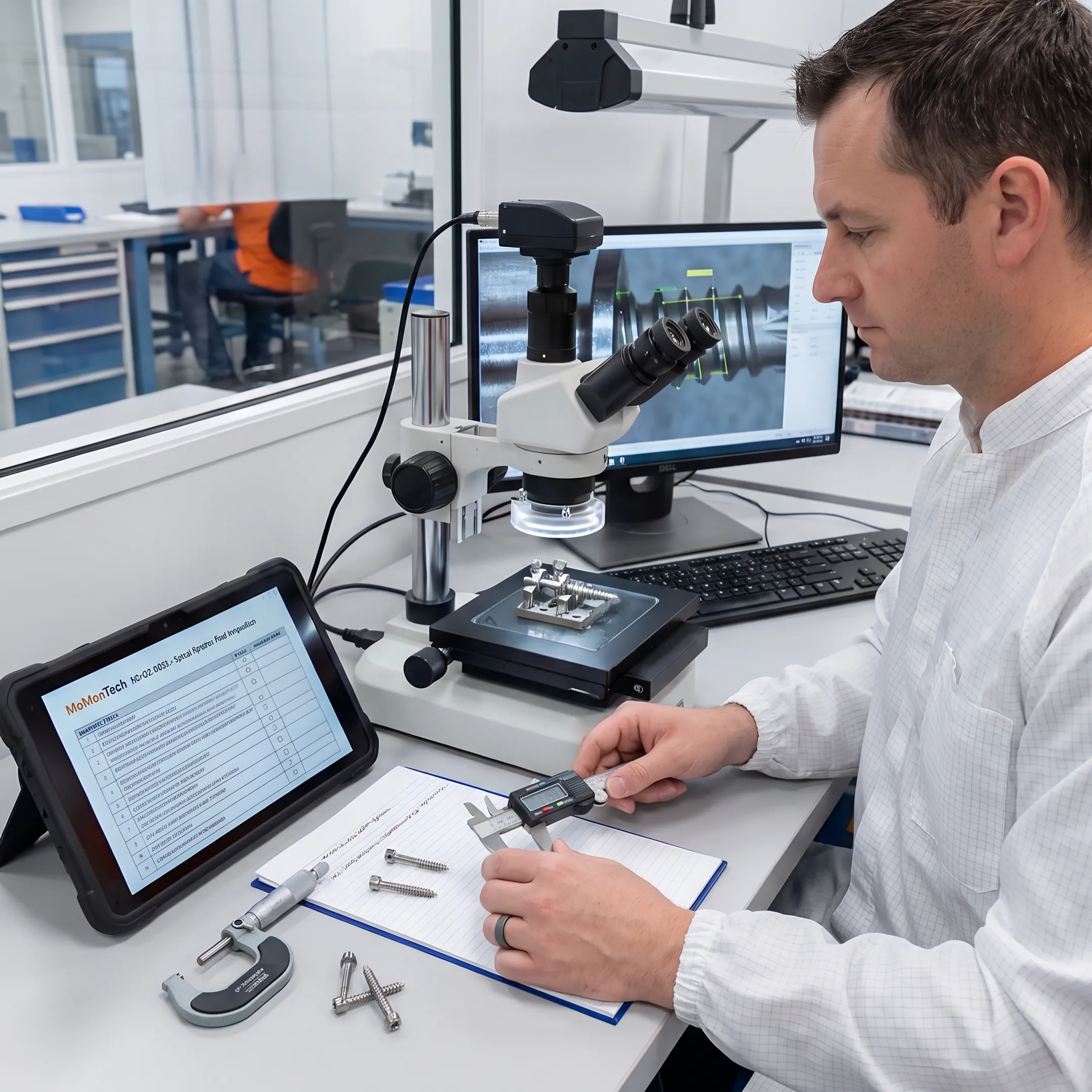 Cervical spine instrument components undergoing precision inspection in a medical device manufacturing setting