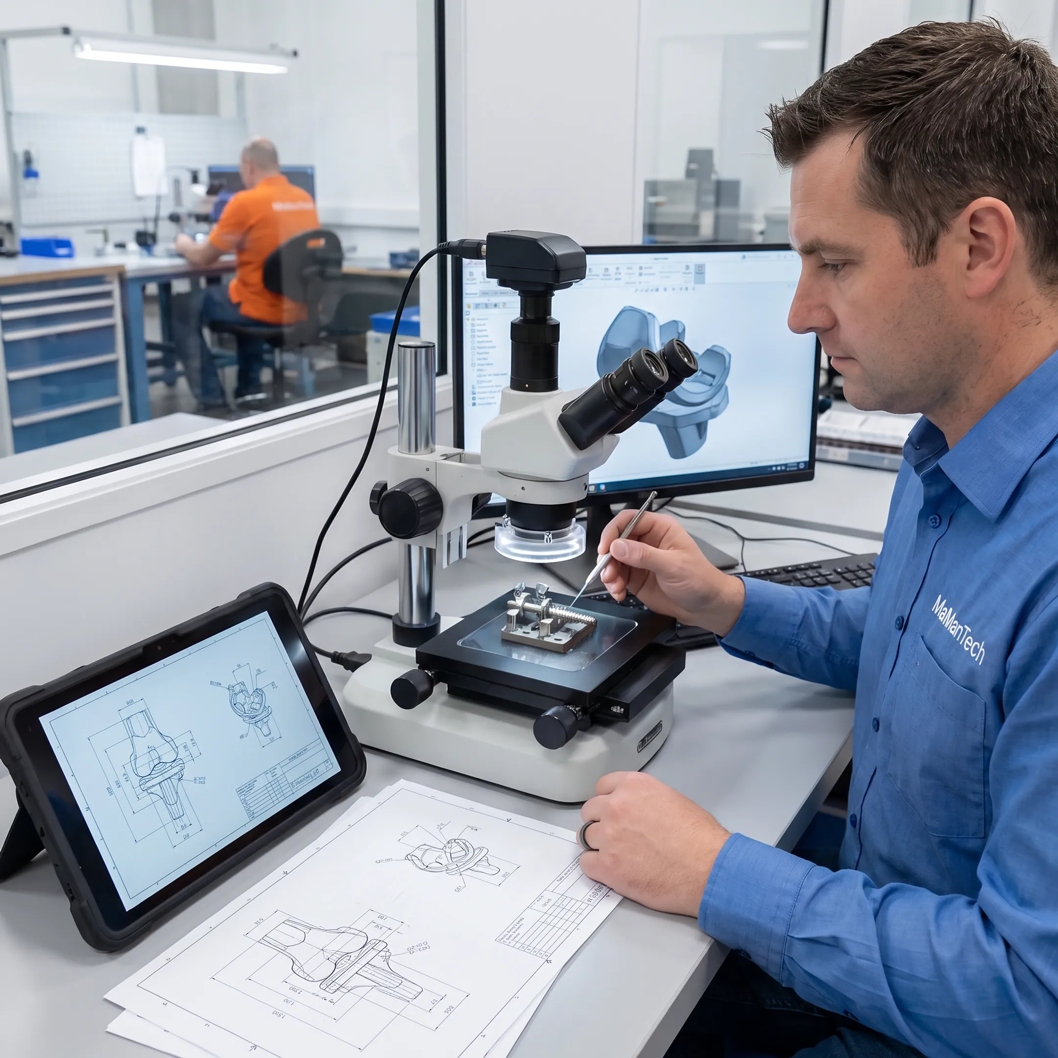 Engineers reviewing an orthopedic device prototype near precision manufacturing equipment