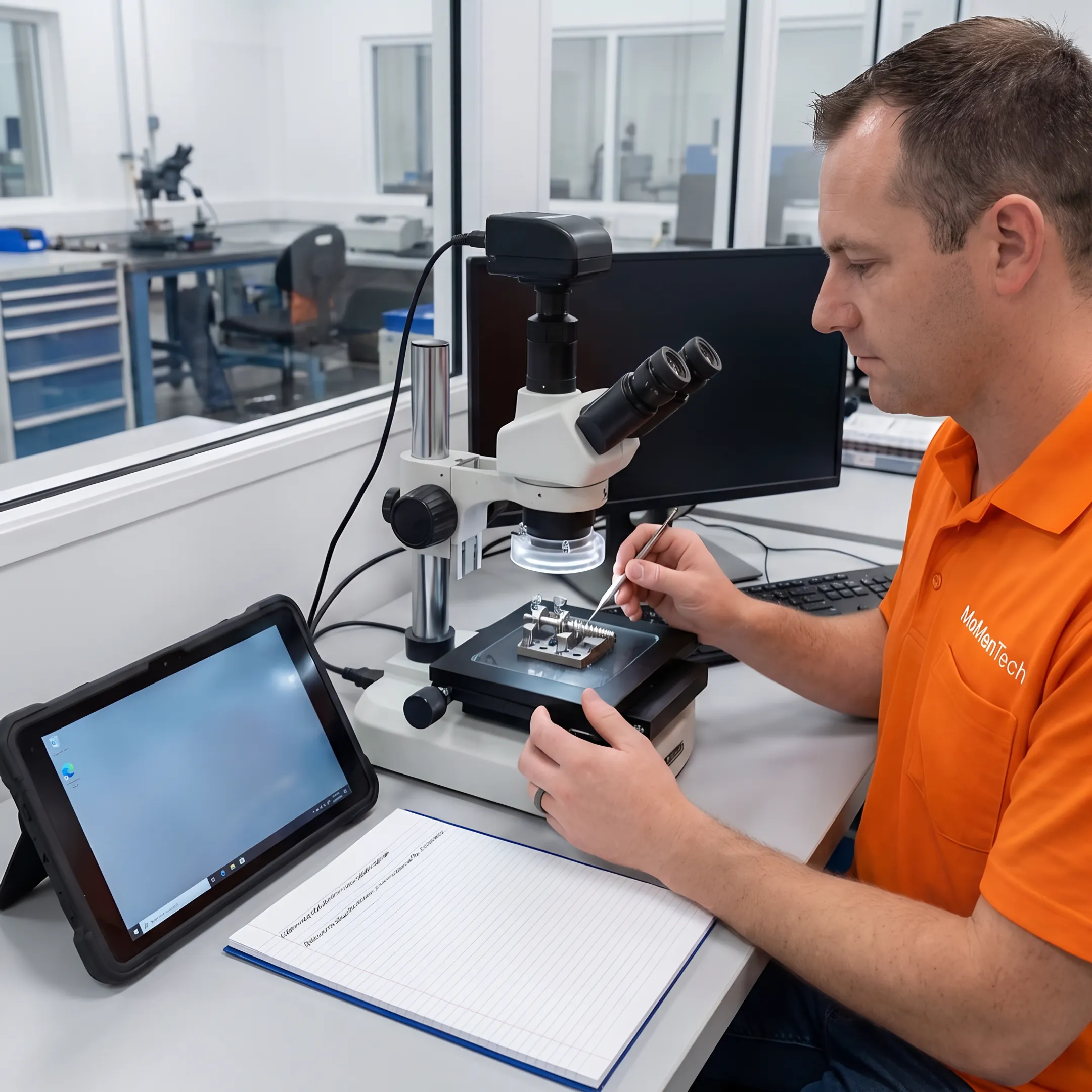 Technician inspecting a precision hip replacement component