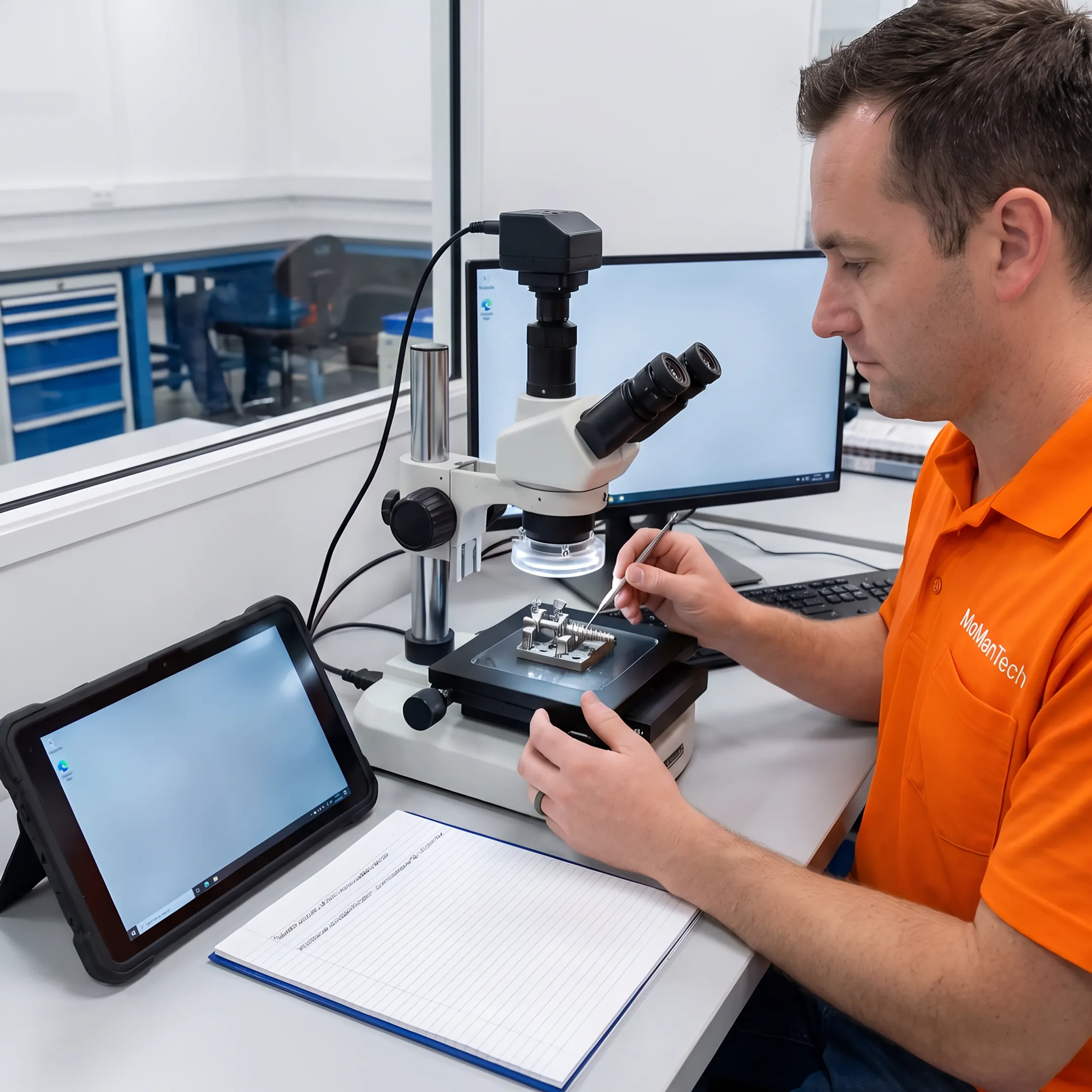 Engineer inspecting a precision orthopedic medical device component near CNC equipment