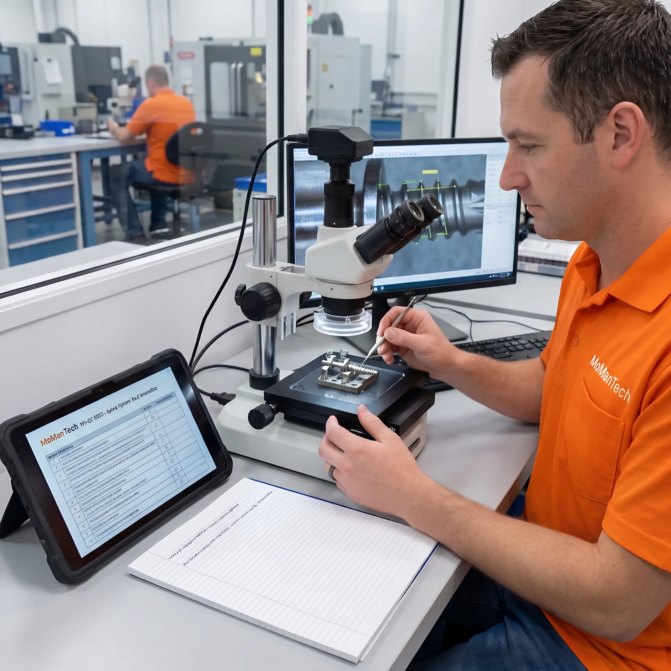 Technician inspecting a precision orthopedic device component