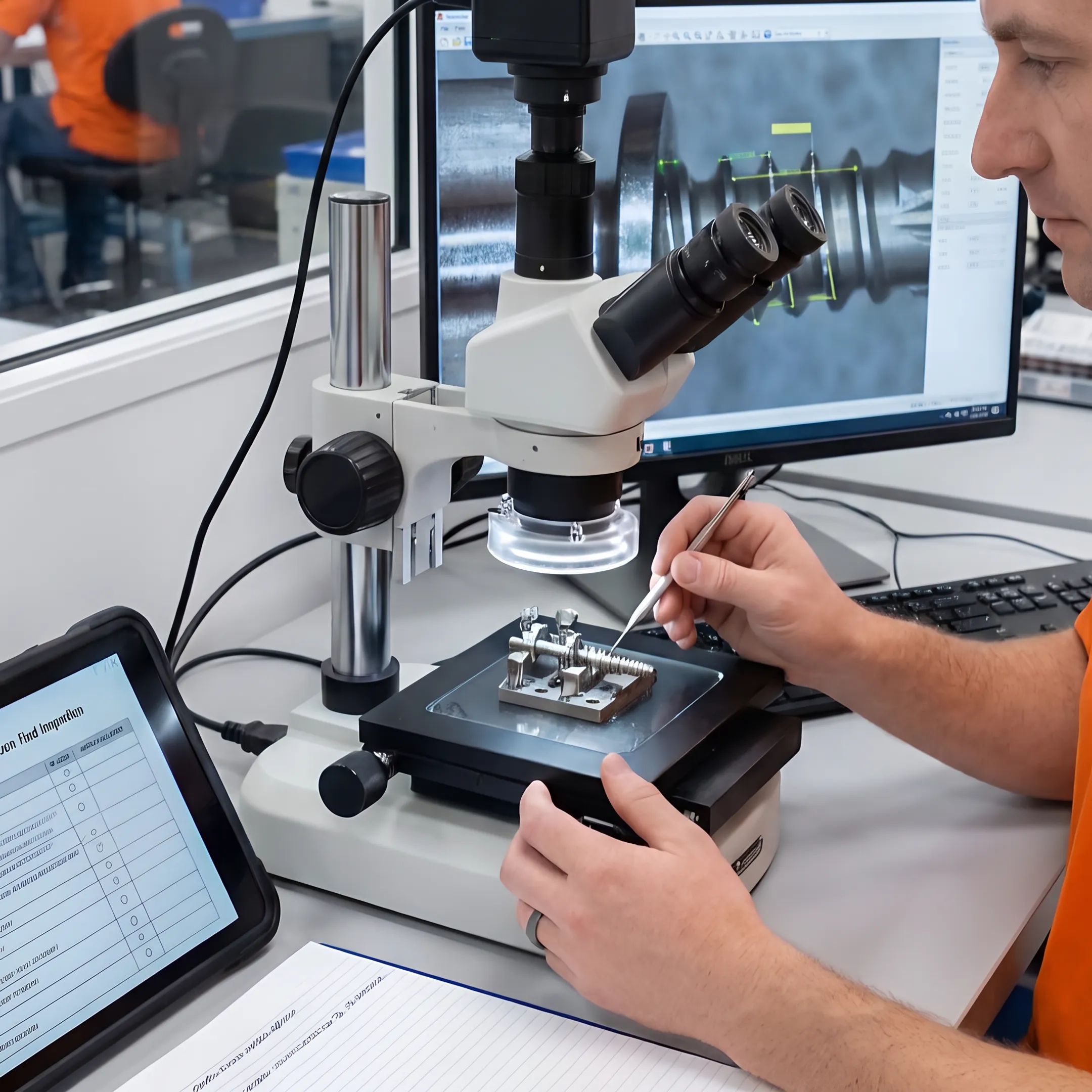 Engineer reviewing a machined orthopedic instrument beside CNC equipment