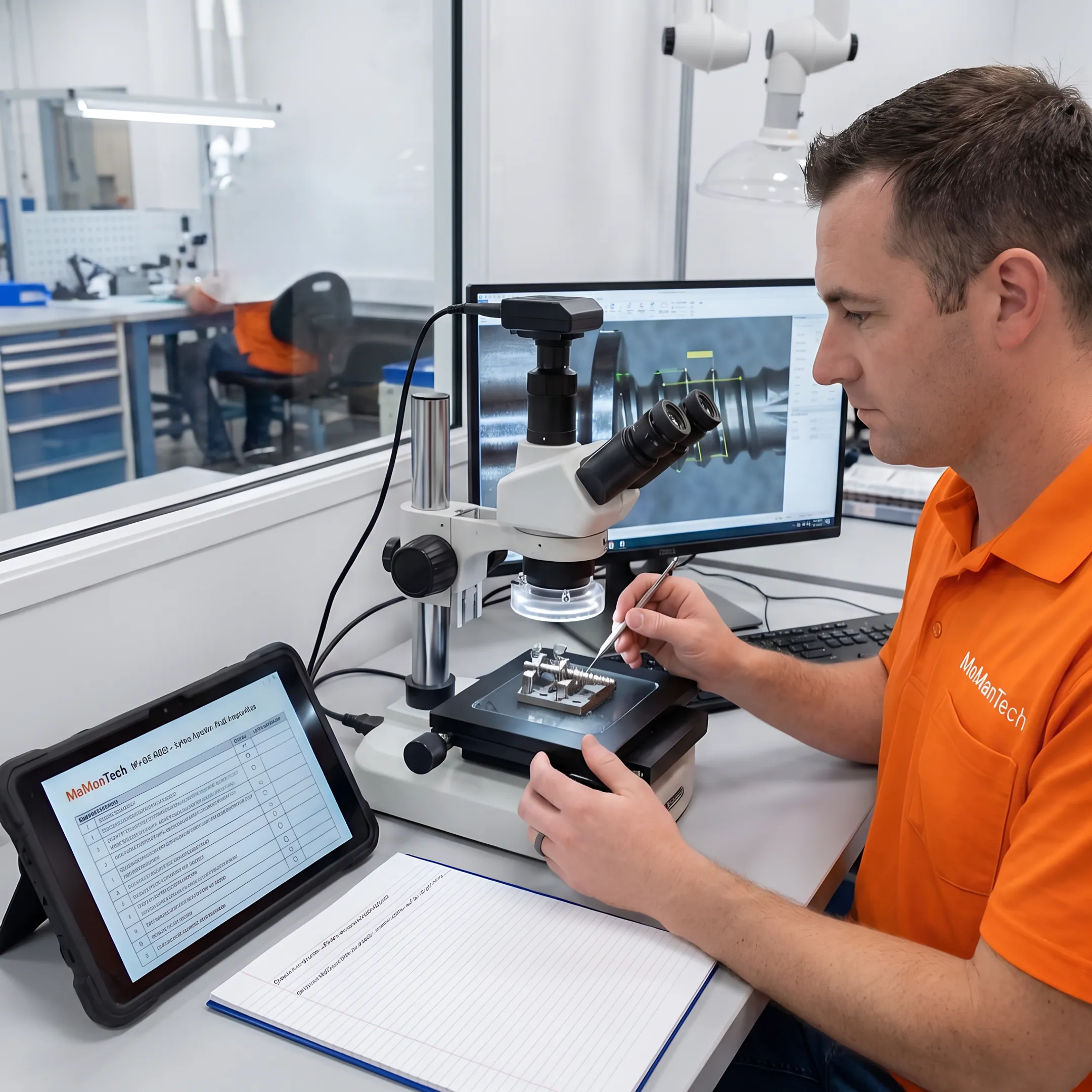 Technician inspecting a metal 3D printed precision component