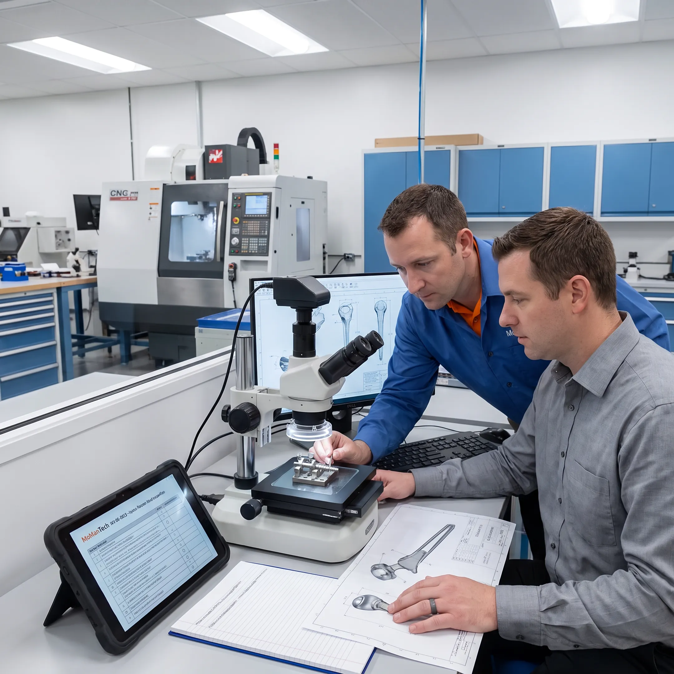 Engineer reviewing an orthopedic device prototype with a manufacturing specialist