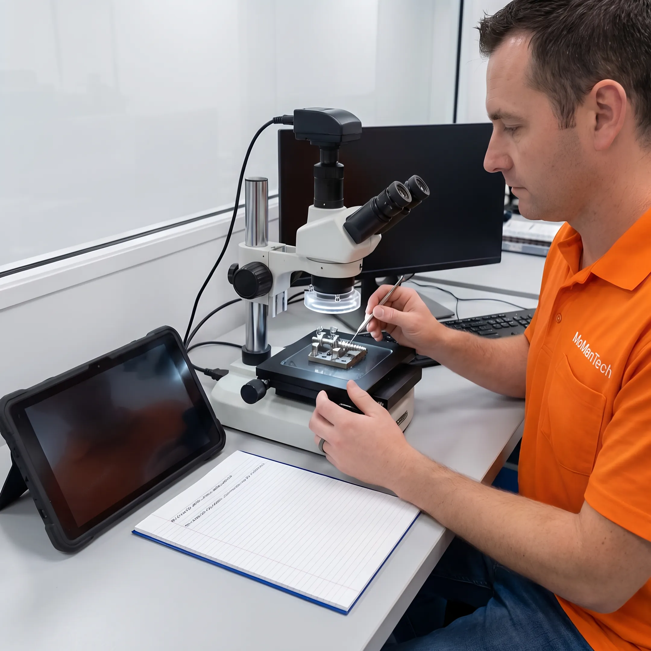 Machinist inspecting a precision orthopedic component beside CNC equipment