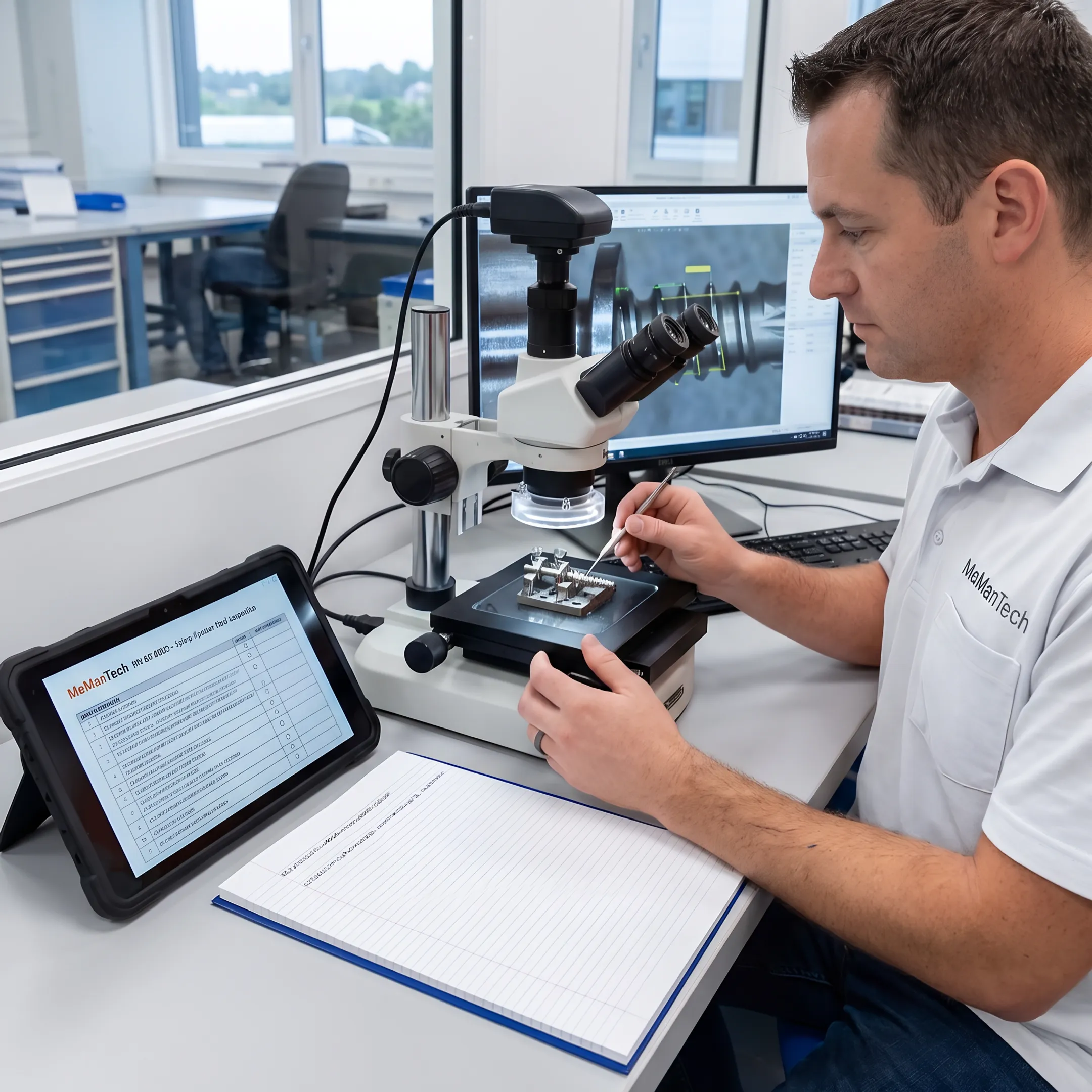 Engineer reviewing a precision orthopedic component beside CNC manufacturing equipment