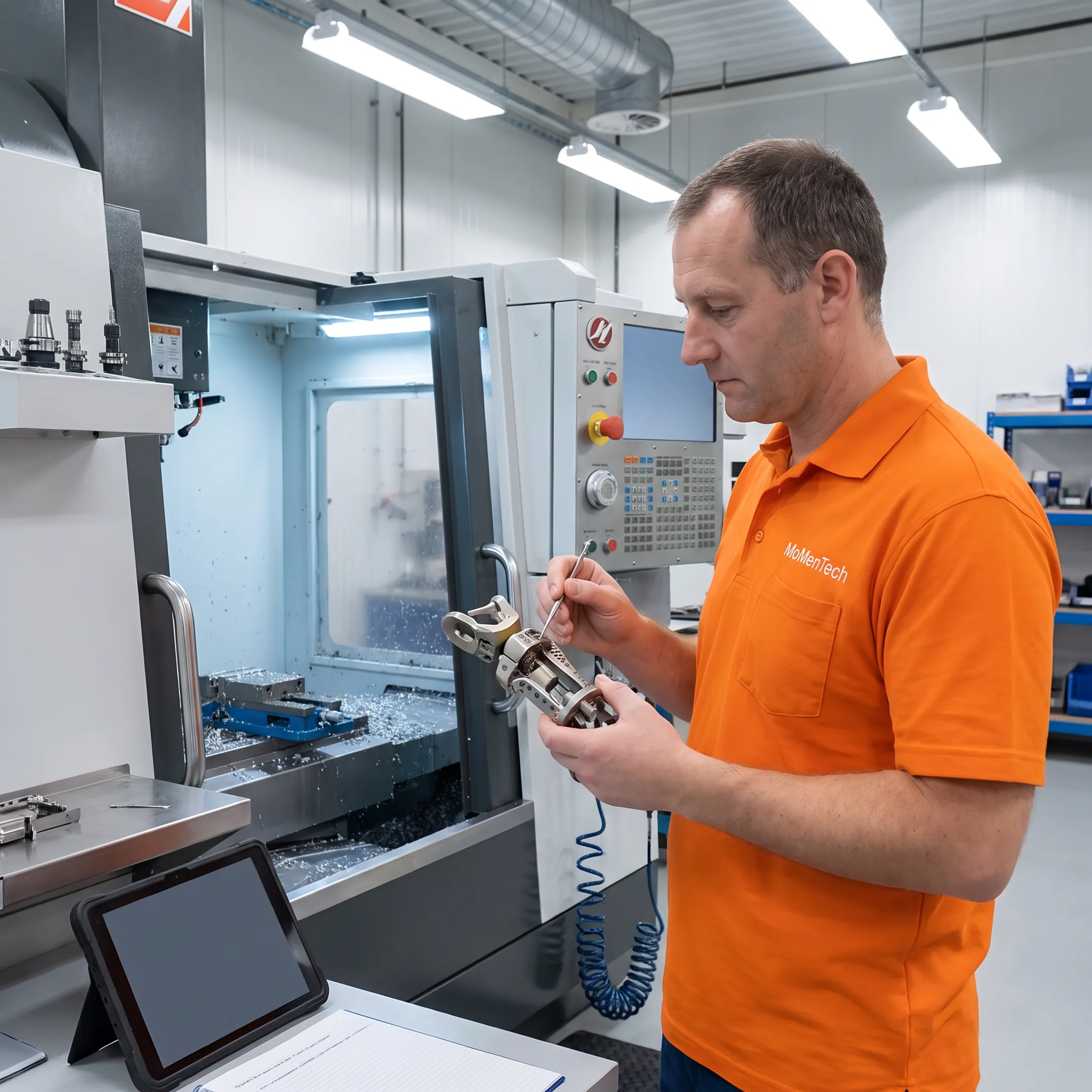 Precision machinist inspecting an orthopedic medical device component beside CNC equipment