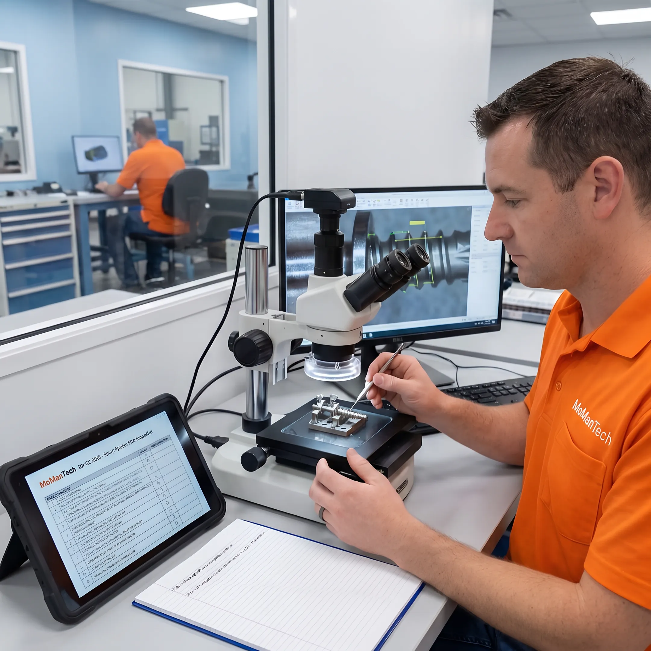 Technician inspecting a precision medical device prototype in a manufacturing facility