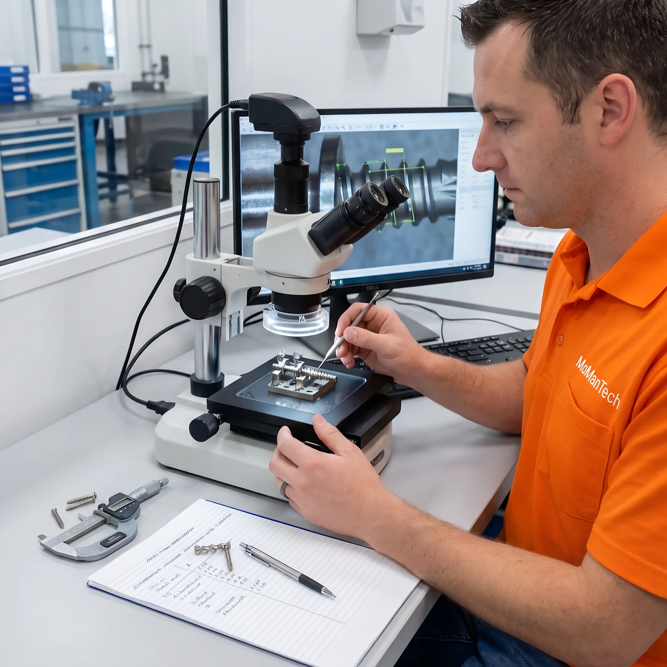 Technician inspecting a precision machined orthopedic component