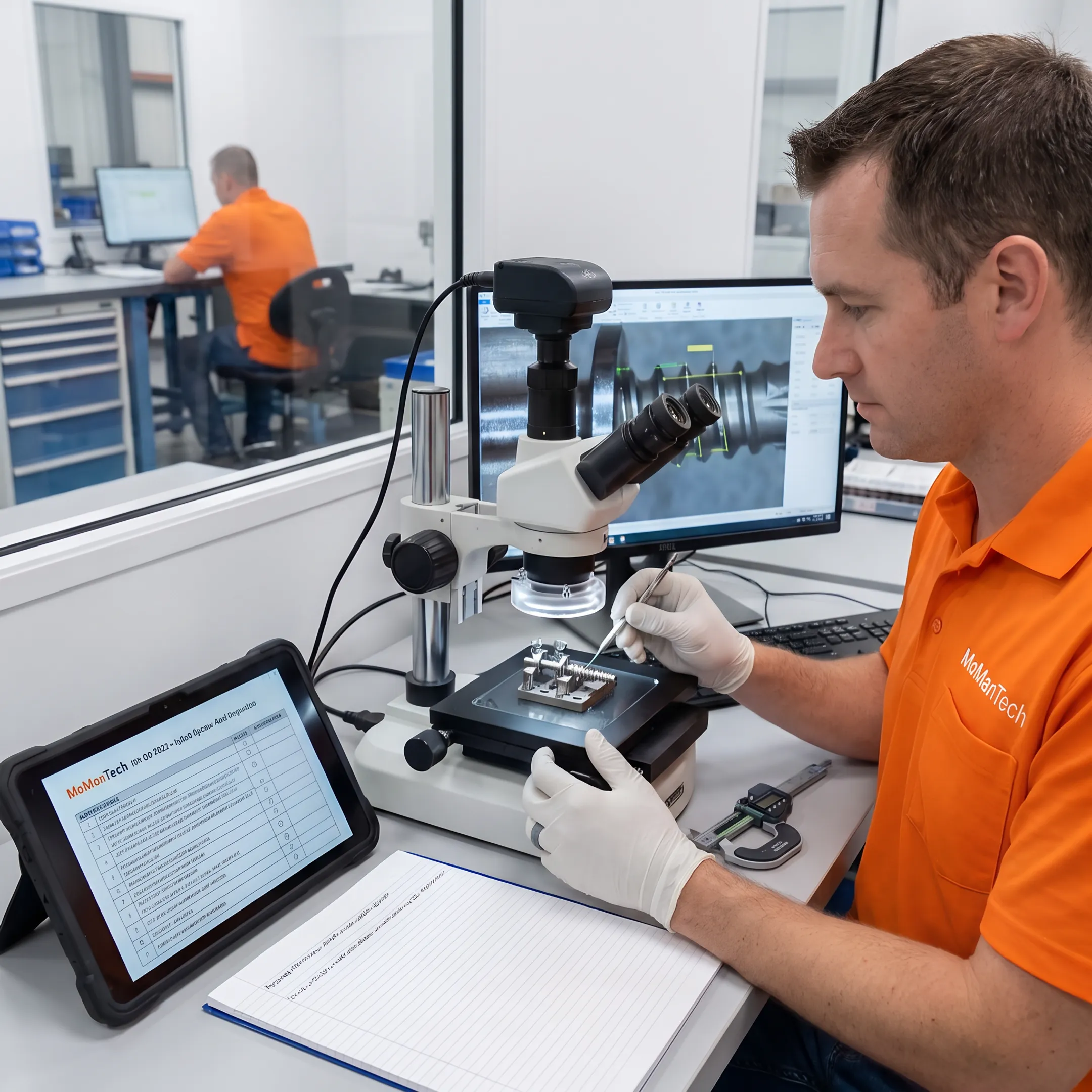 Technician inspecting a stainless steel turned orthopedic component