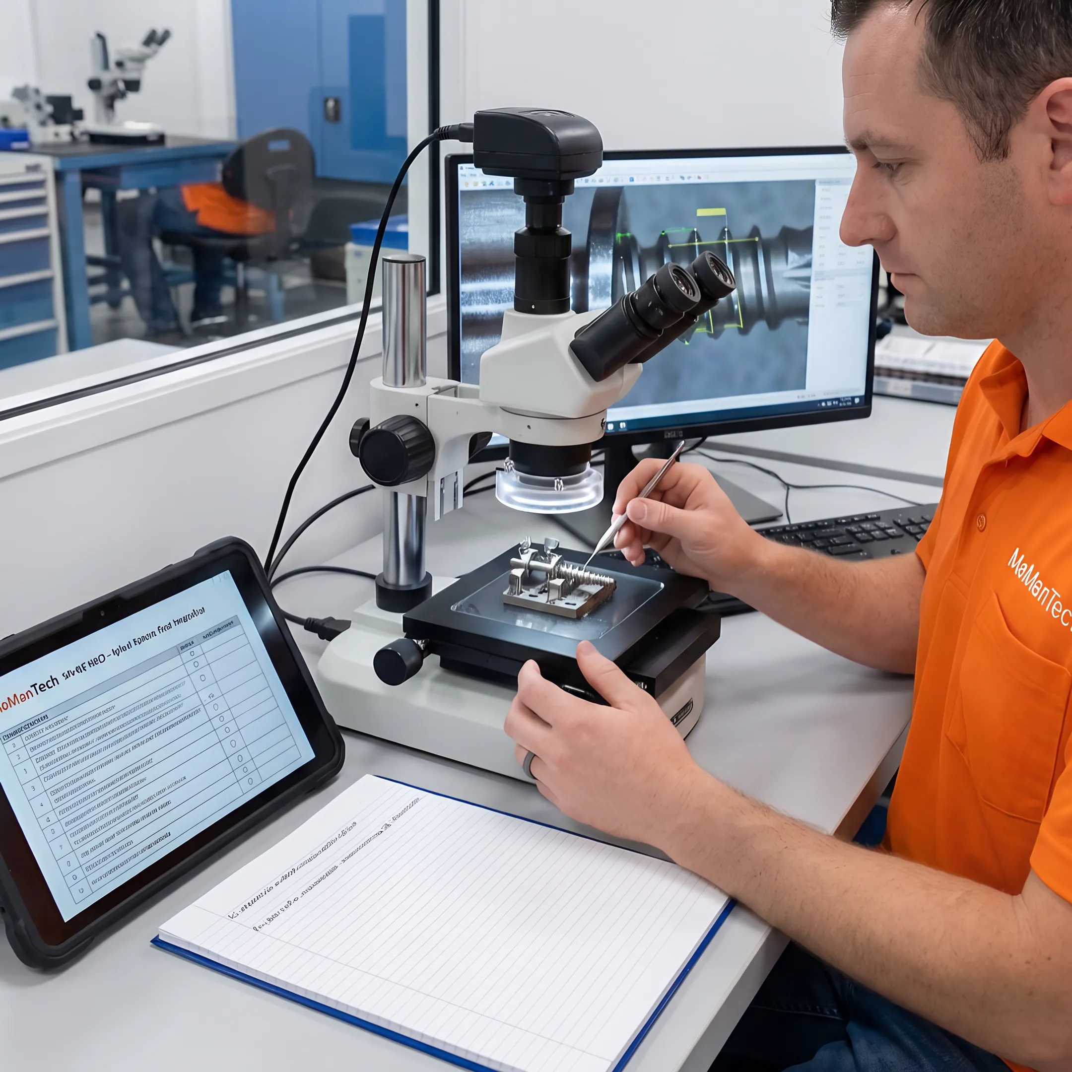 Technician inspecting a precision orthopedic component