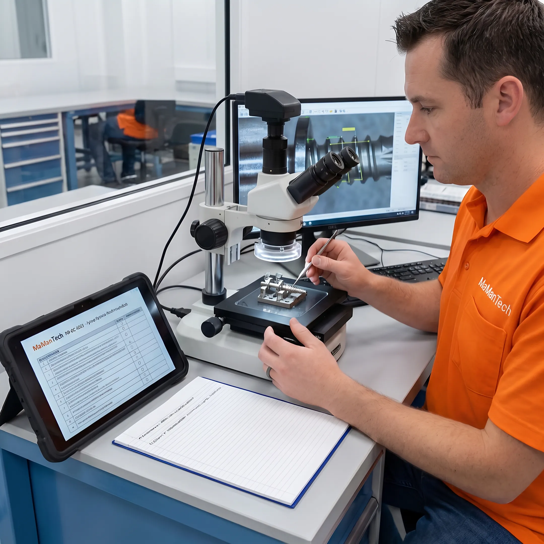 Engineer reviewing a precision orthopedic device component near manufacturing equipment