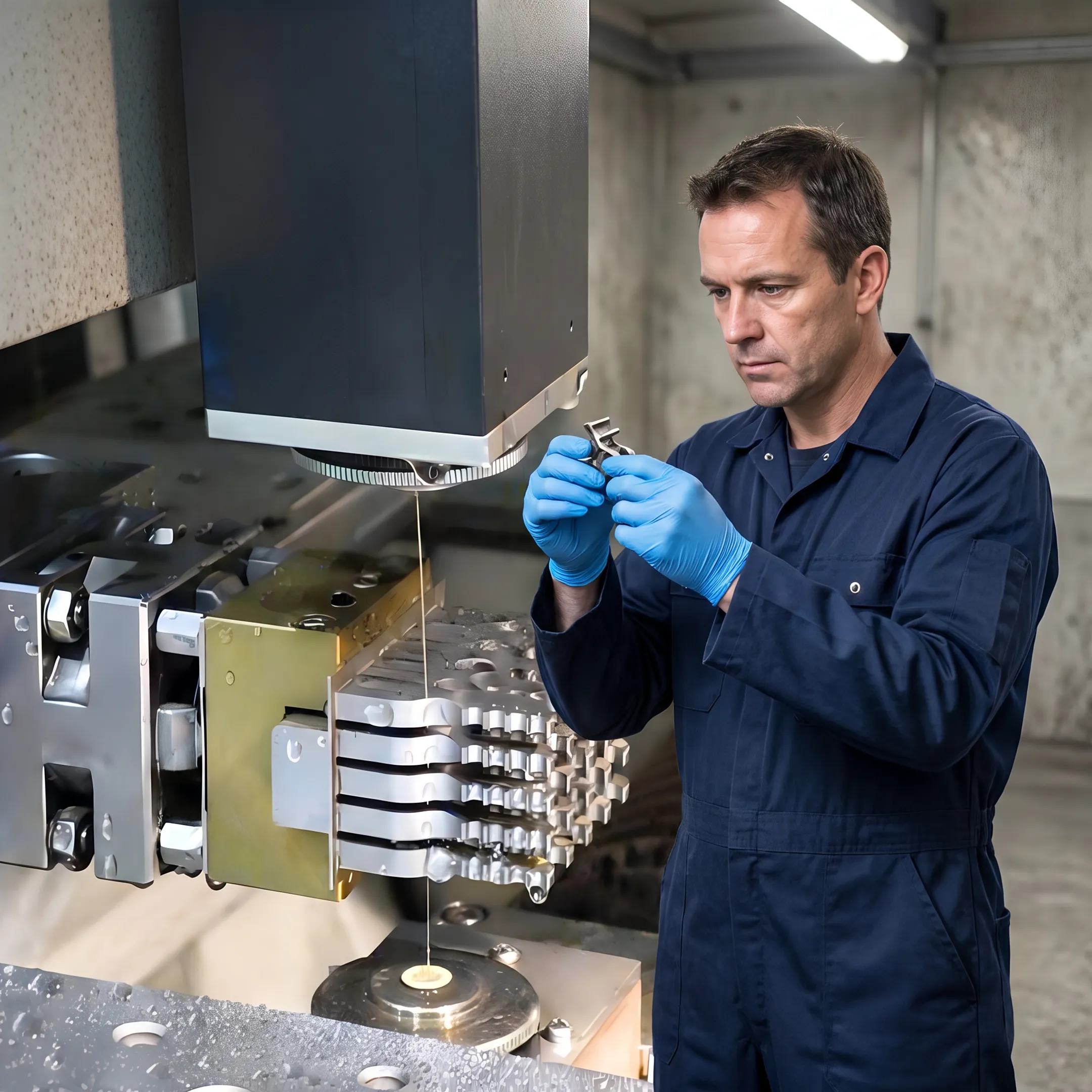 Technician inspecting a precision EDM-machined orthopedic component
