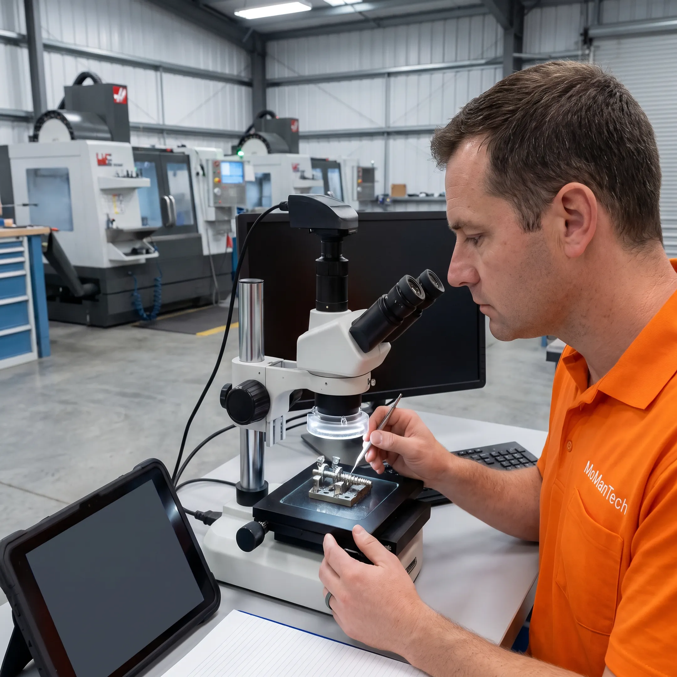 Technician inspecting a precision-machined orthopedic component