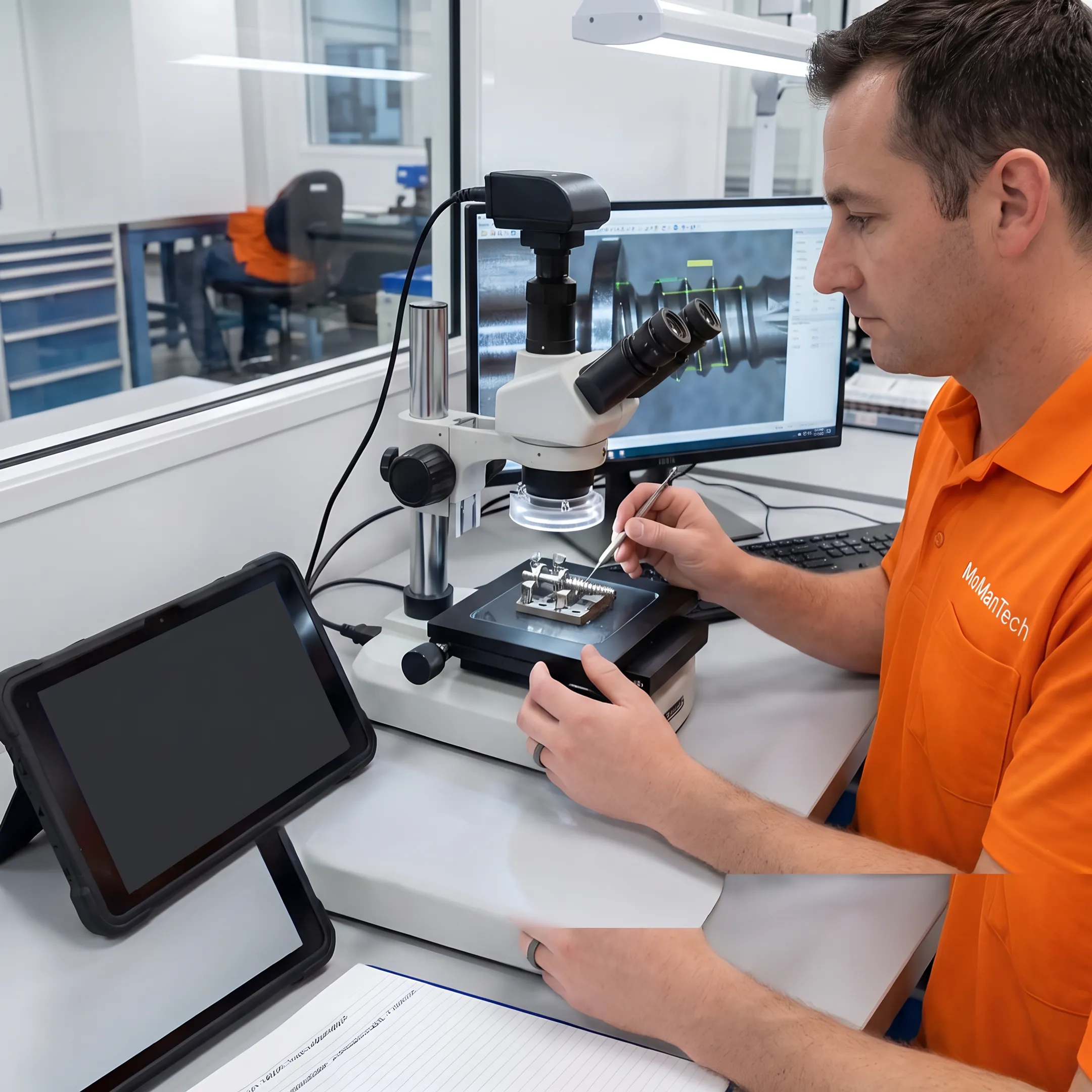 Engineer reviewing a precision orthopedic component beside CNC manufacturing equipment