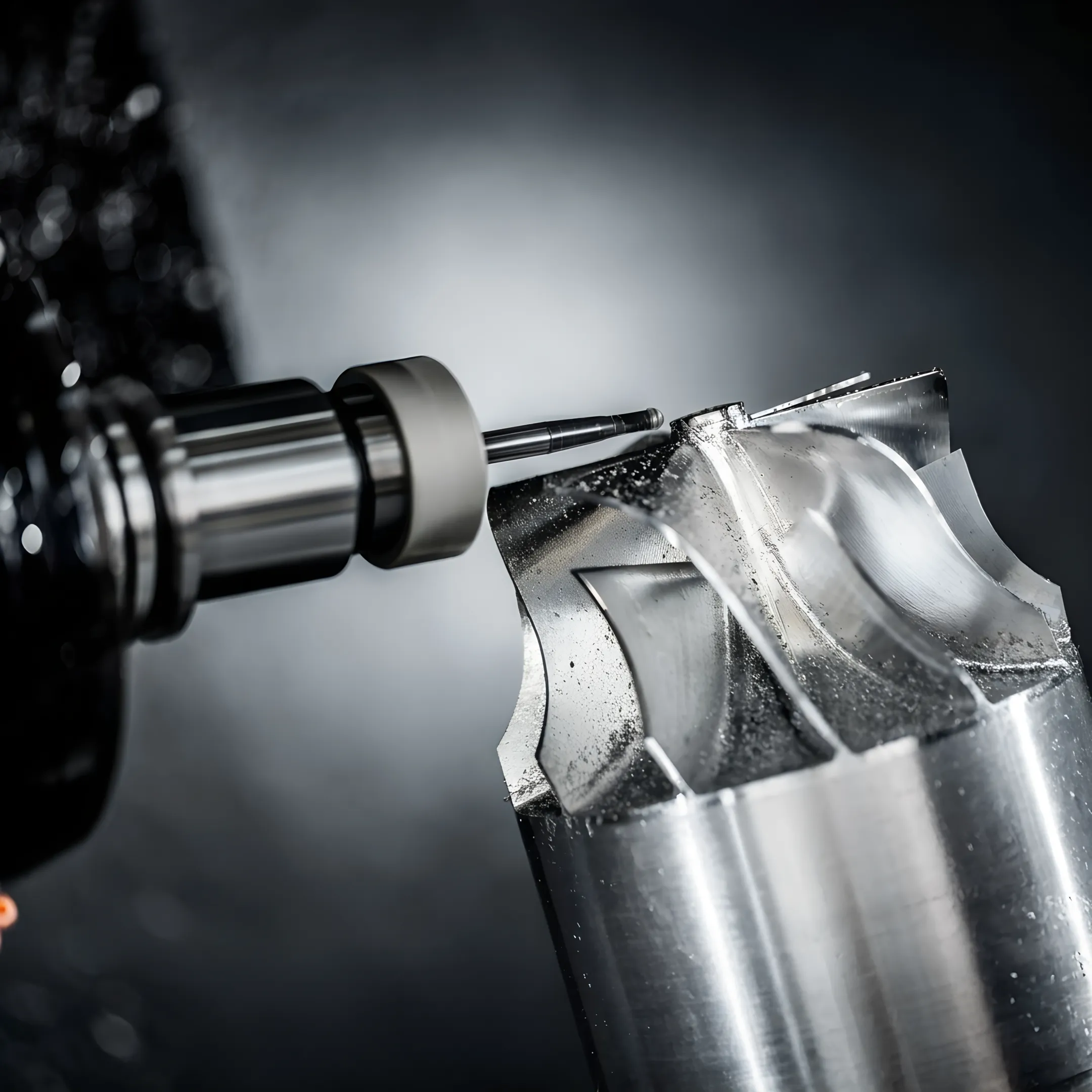Machinist inspecting a turned orthopedic component beside CNC equipment
