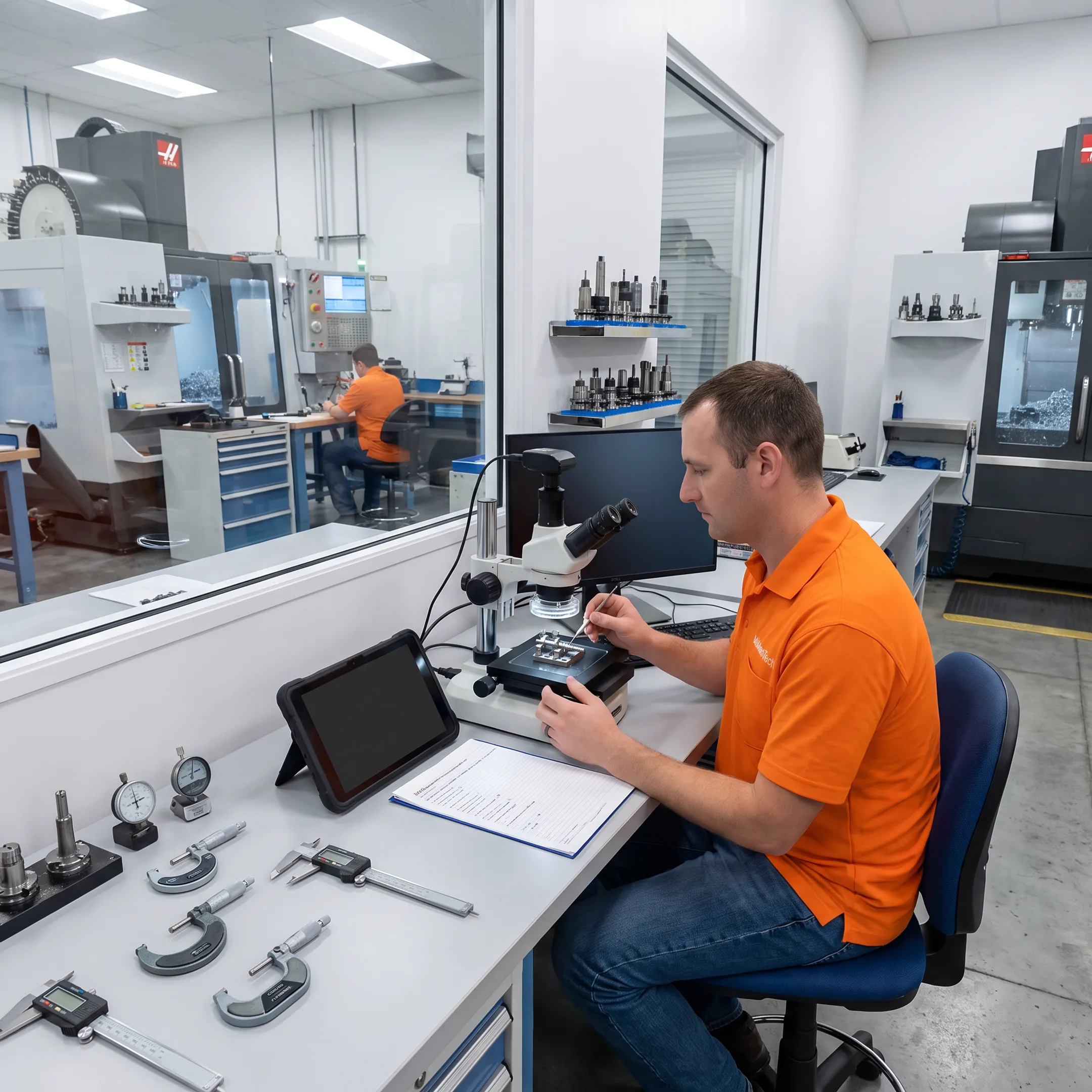 Machinist inspecting a precision medical device prototype beside CNC equipment