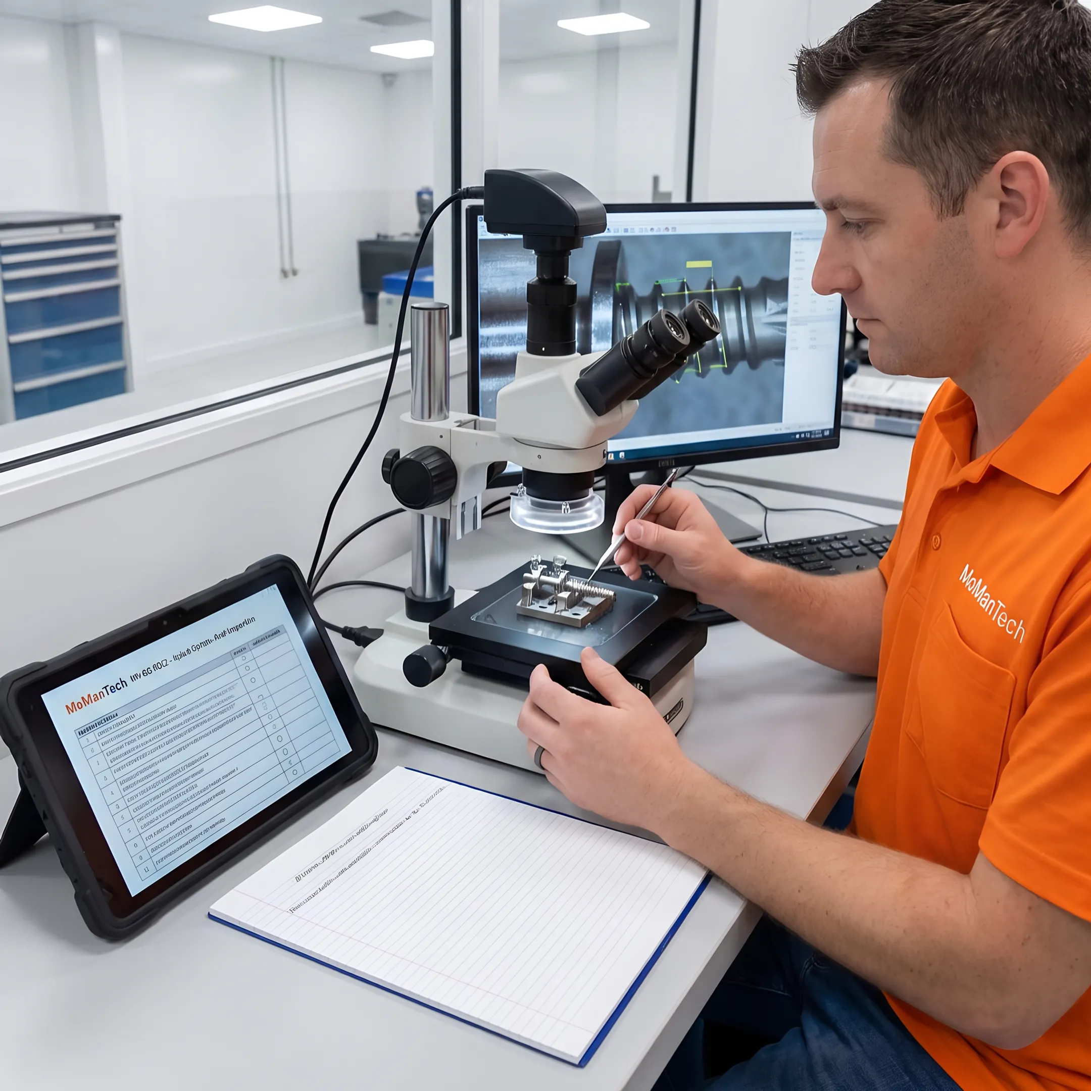 Operator inspecting a precision turned orthopedic component
