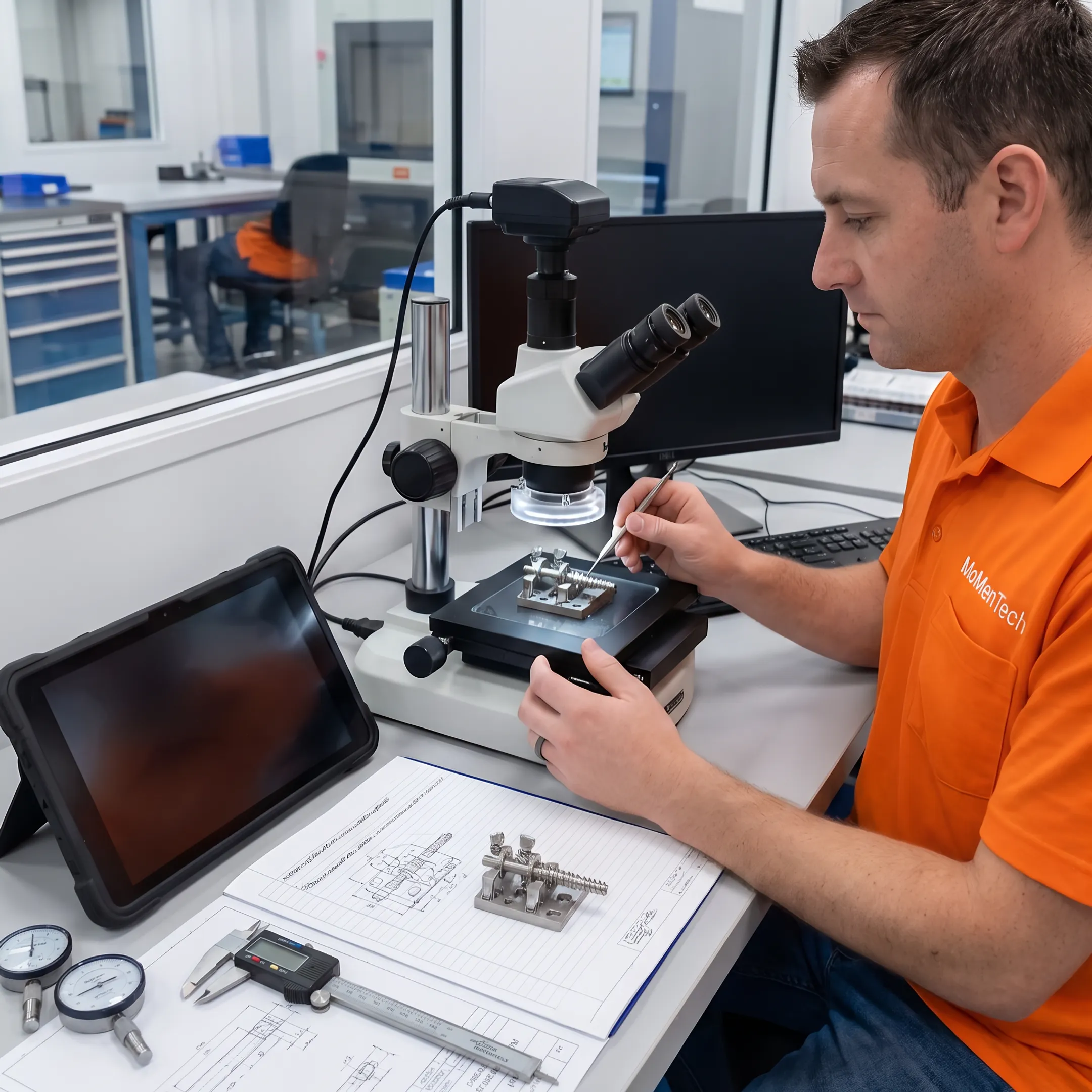 Engineer reviewing a machined orthopedic device prototype with technical drawings