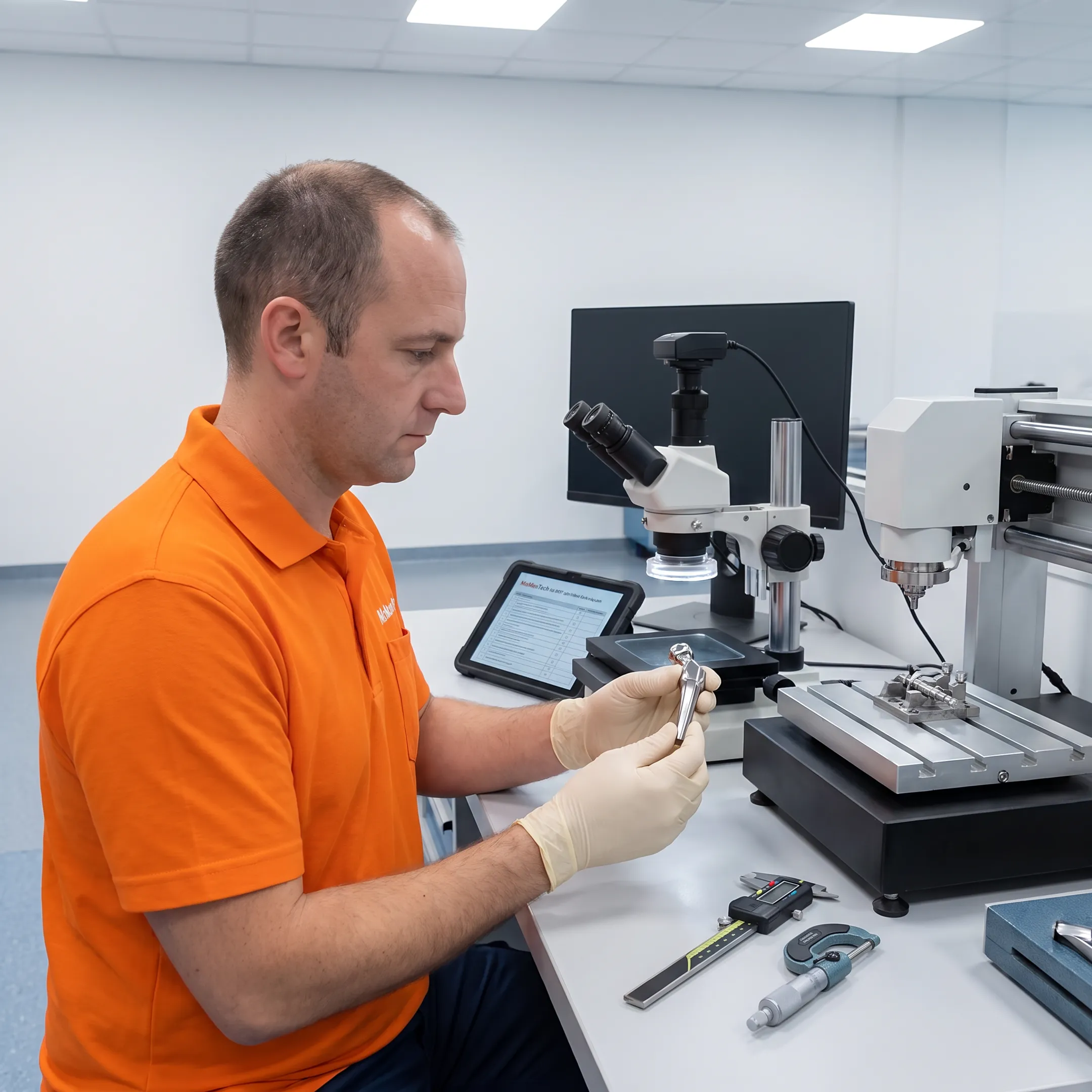 Technician inspecting a precision machined orthopedic component