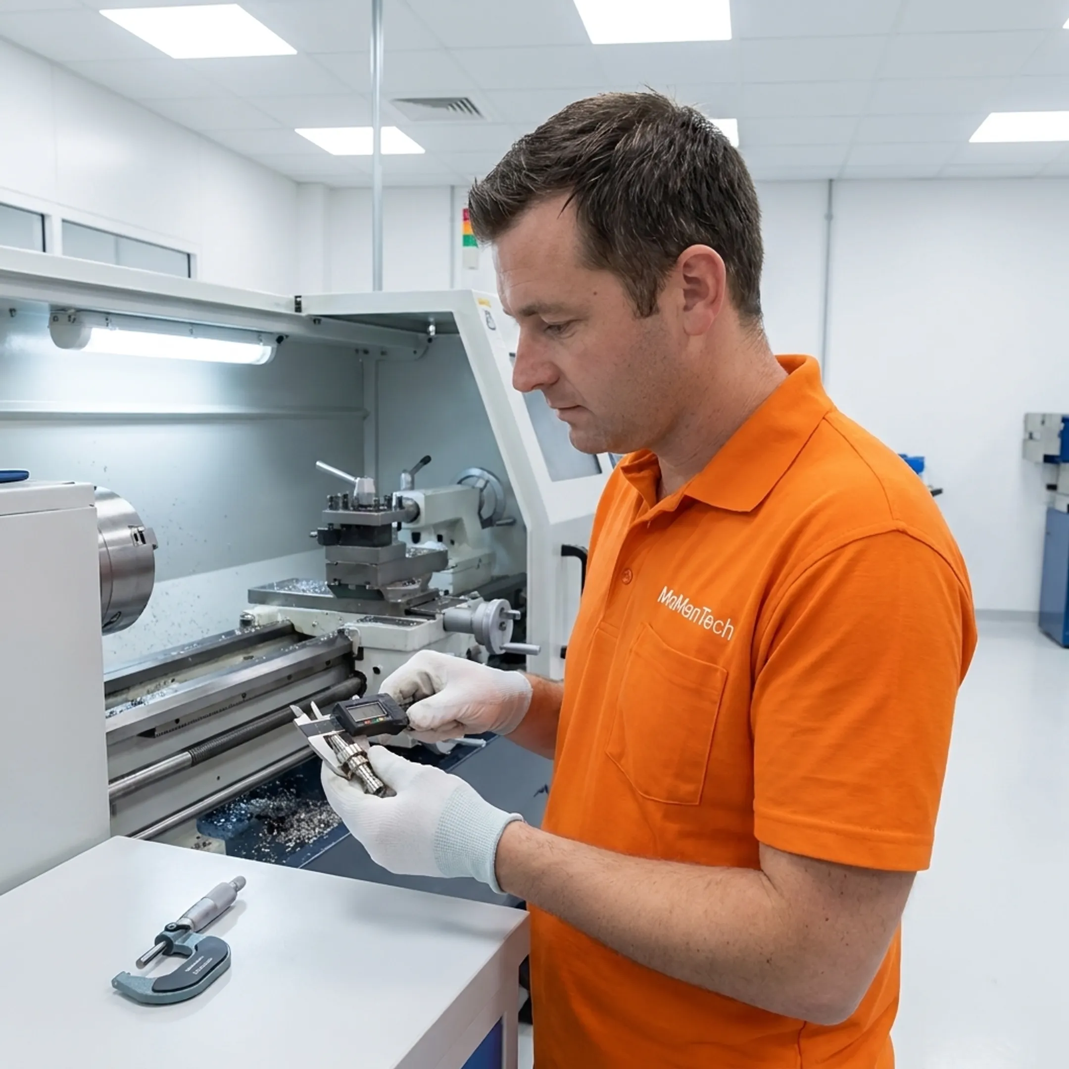 Machinist inspecting a precision turned medical device component