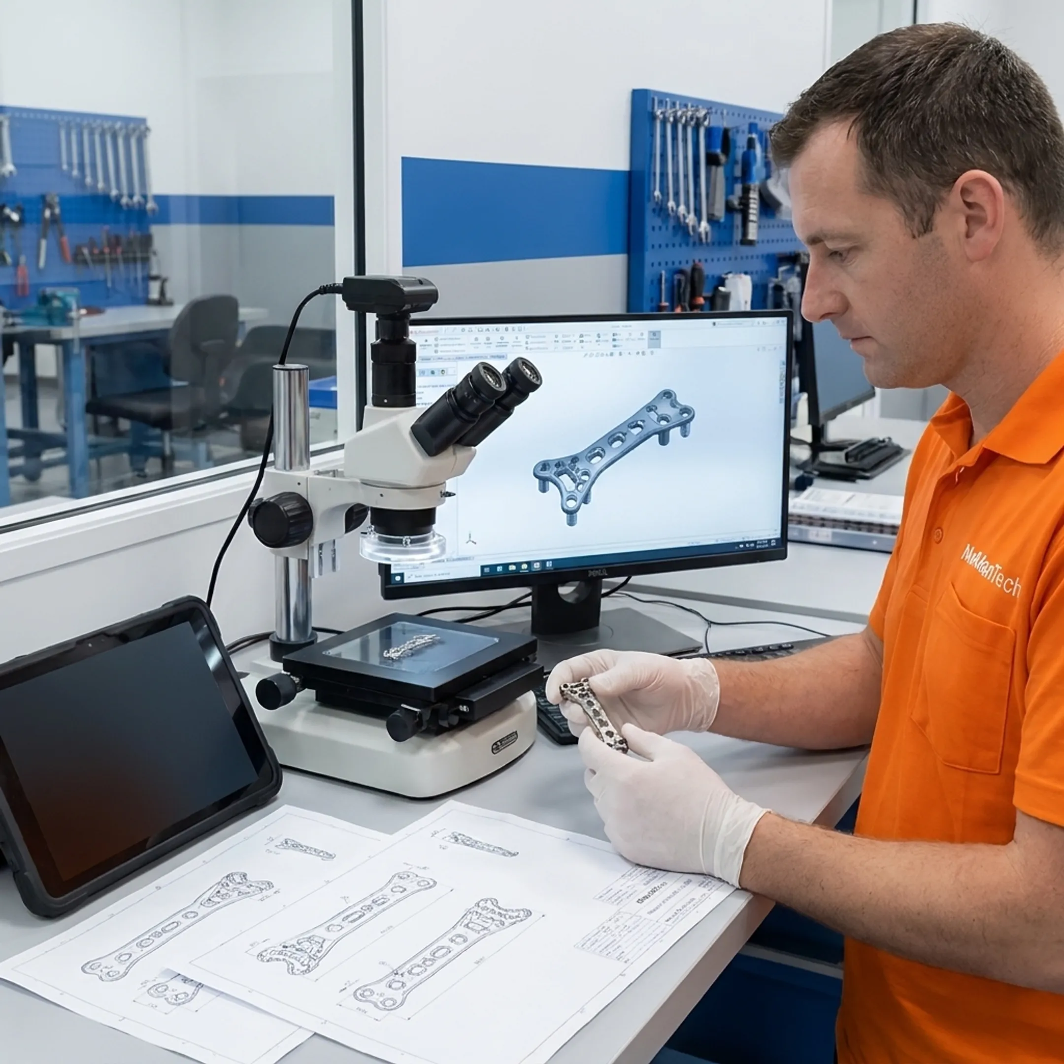 Engineer reviewing a precision orthopedic prototype near advanced machining equipment