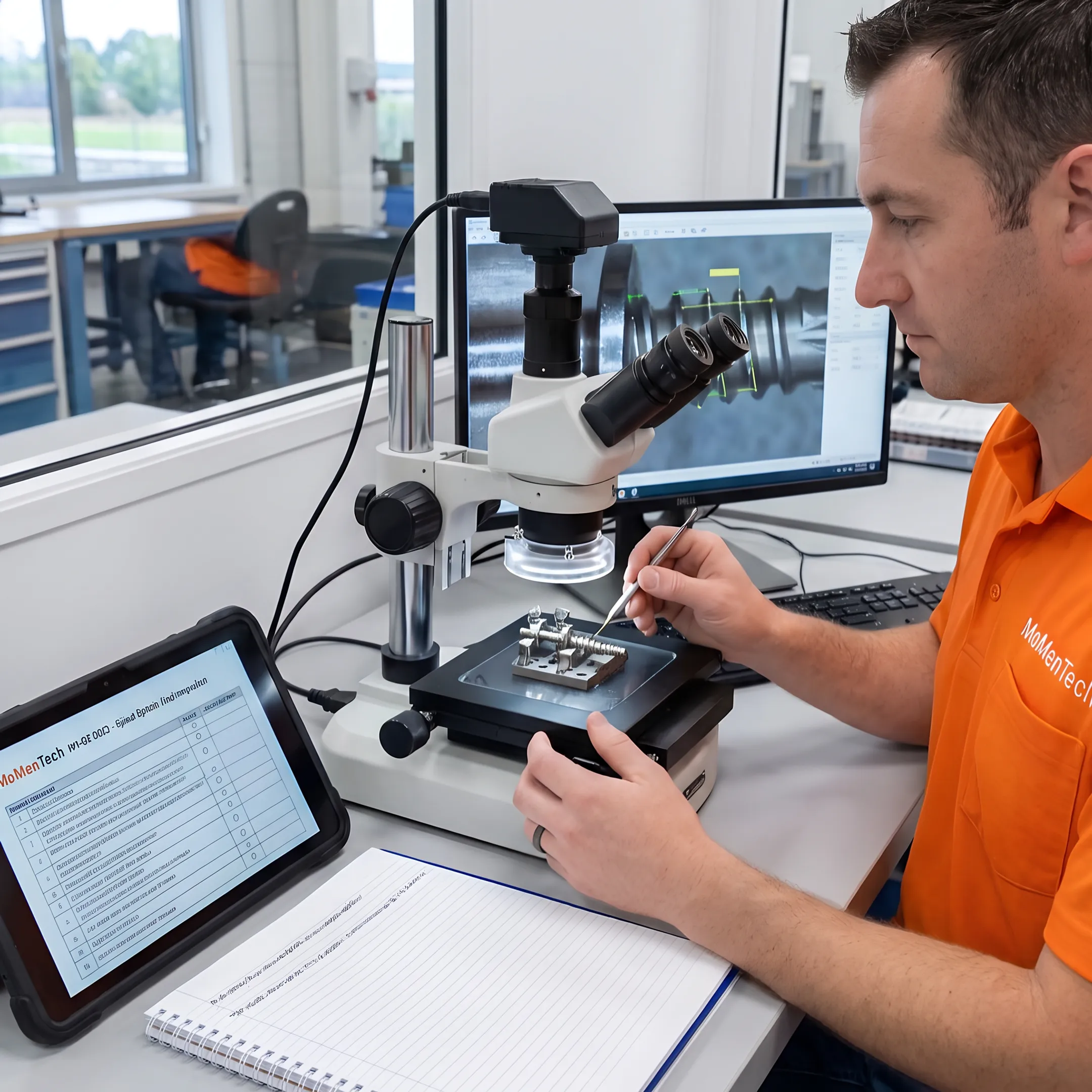 Technician inspecting a precision milled orthopedic component