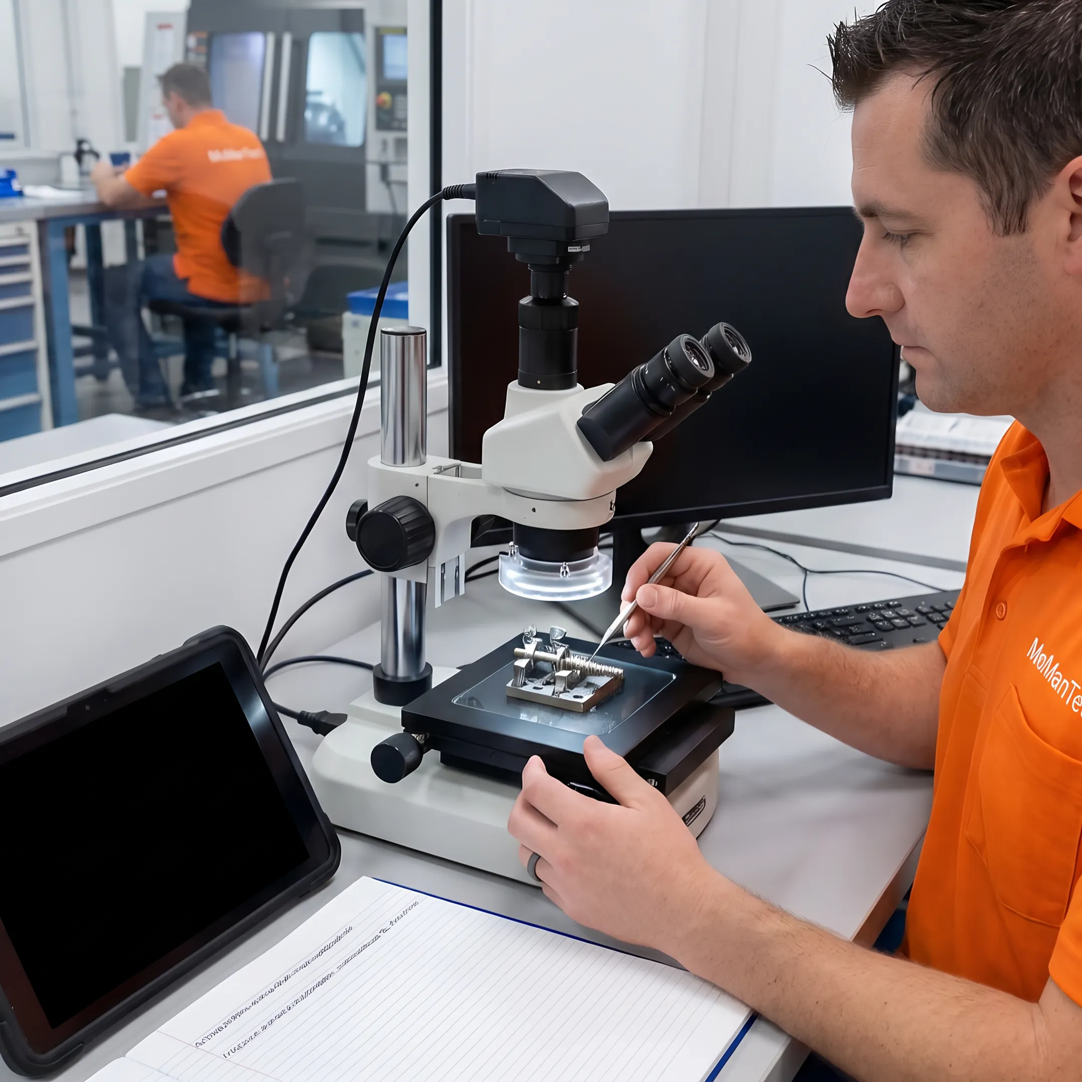 Machinist inspecting a precision turned orthopedic component