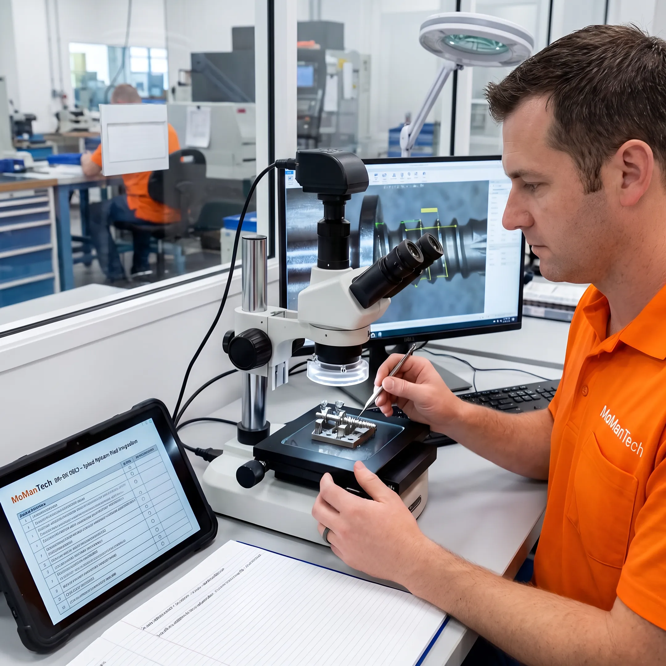 CNC machinist inspecting a precision orthopedic component after milling