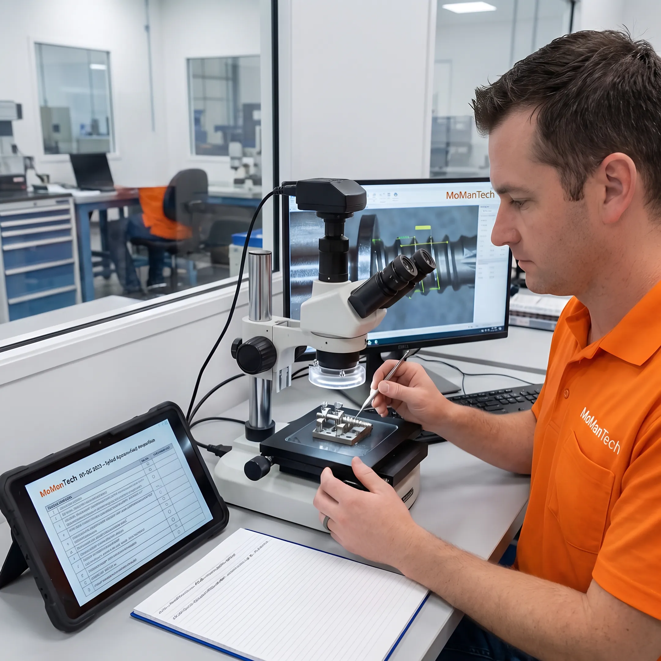 Machinist inspecting a precision orthopedic component beside CNC equipment