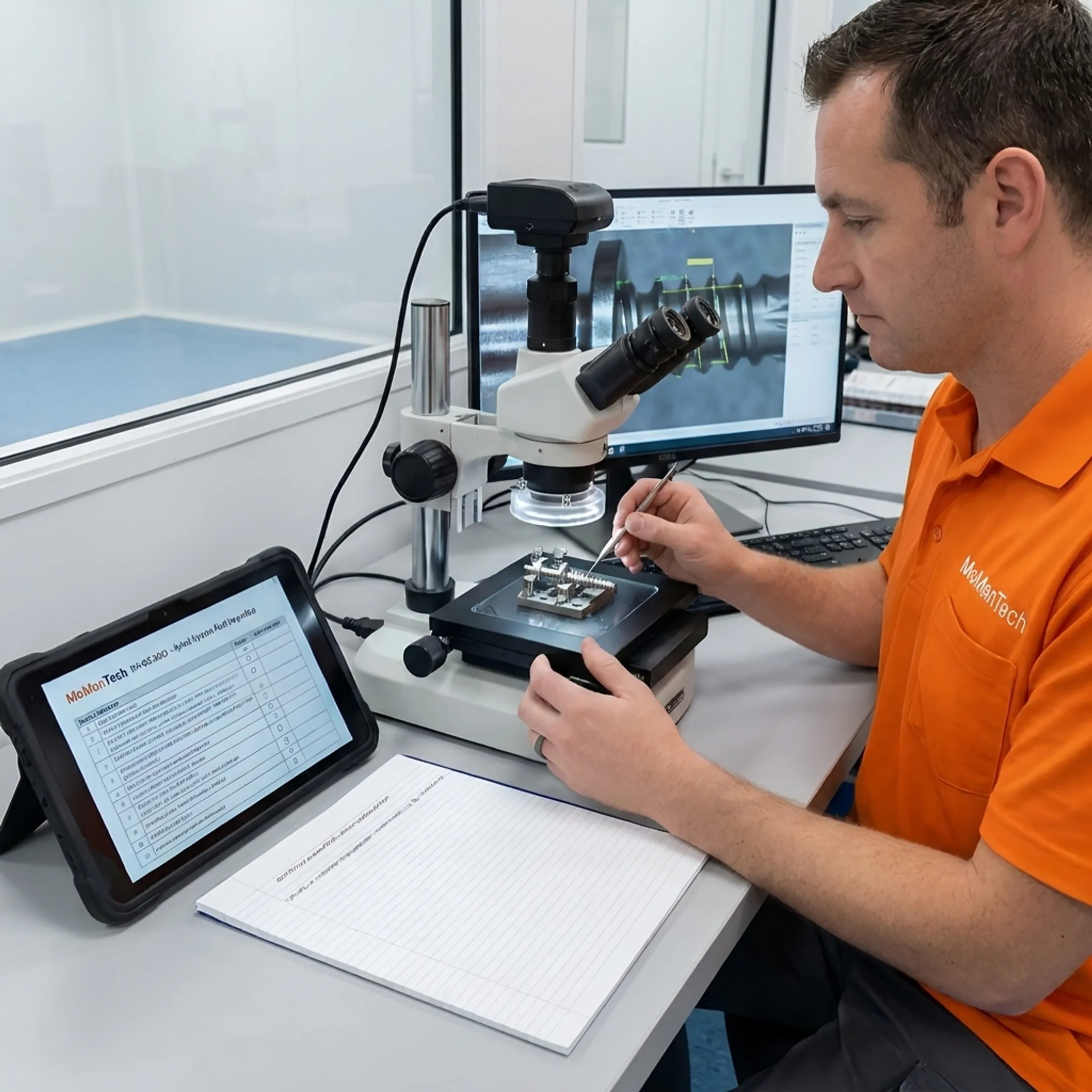 Technician inspecting a precision machined orthopedic component