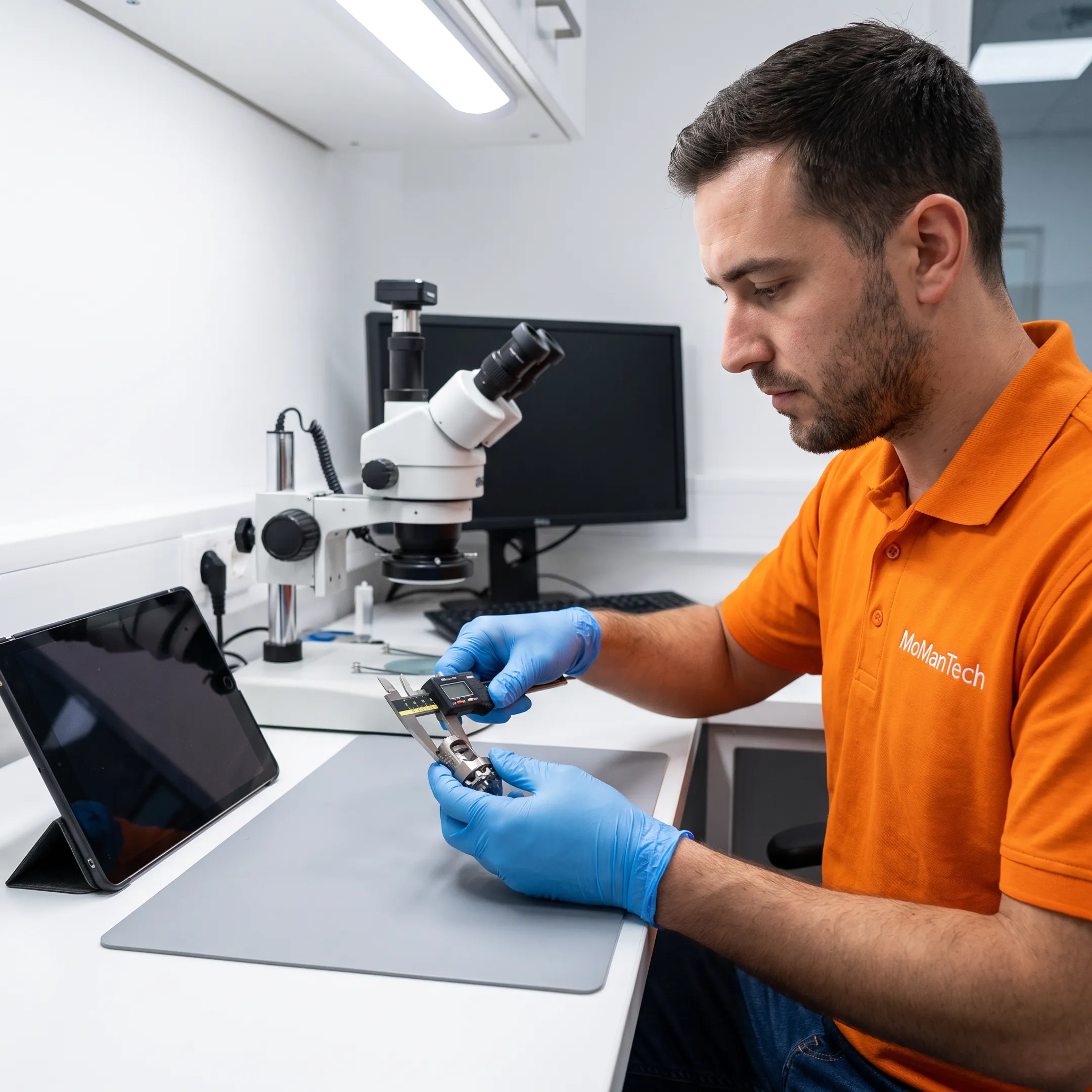 Technician inspecting a precision machined orthopedic component