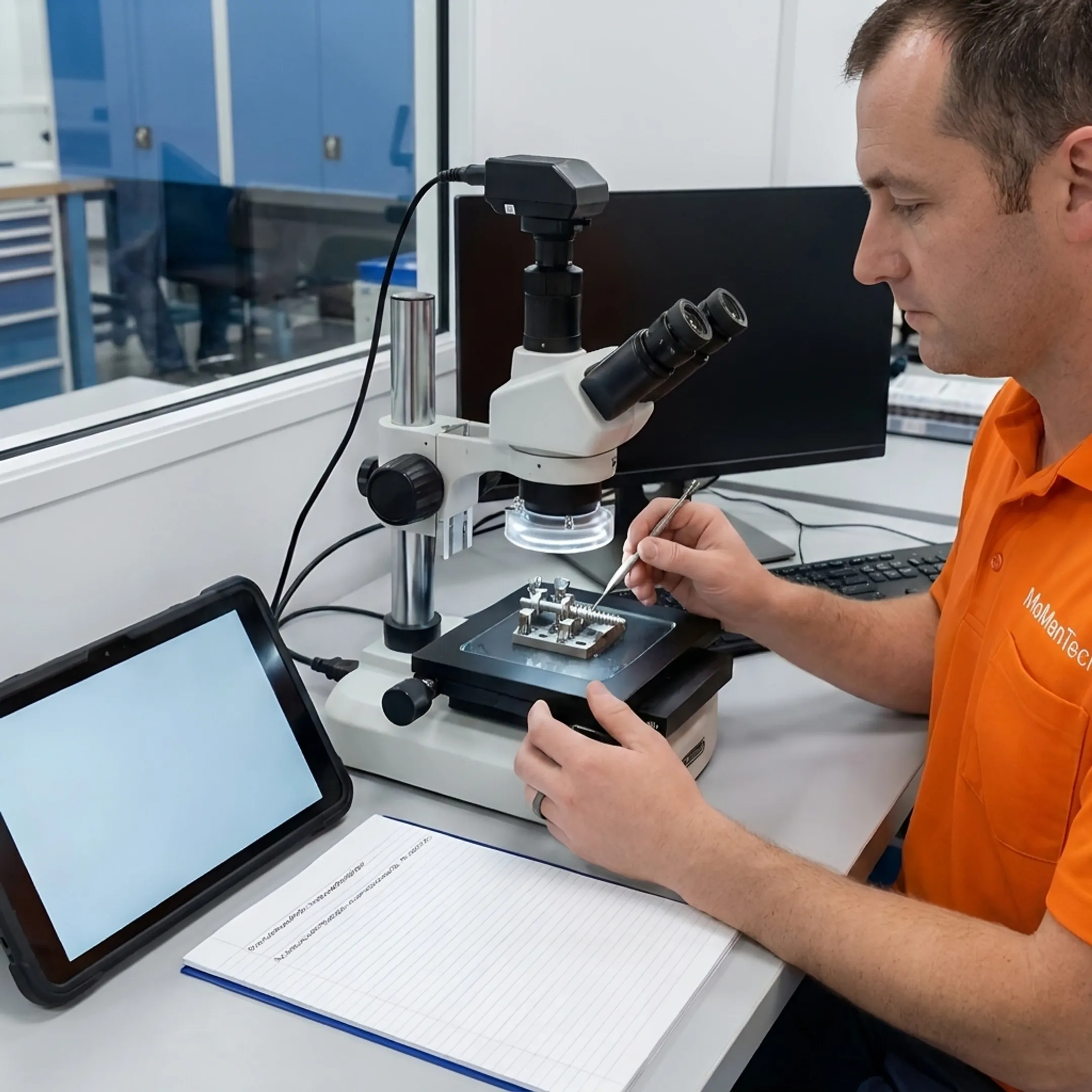 Machinist inspecting a precision orthopedic component