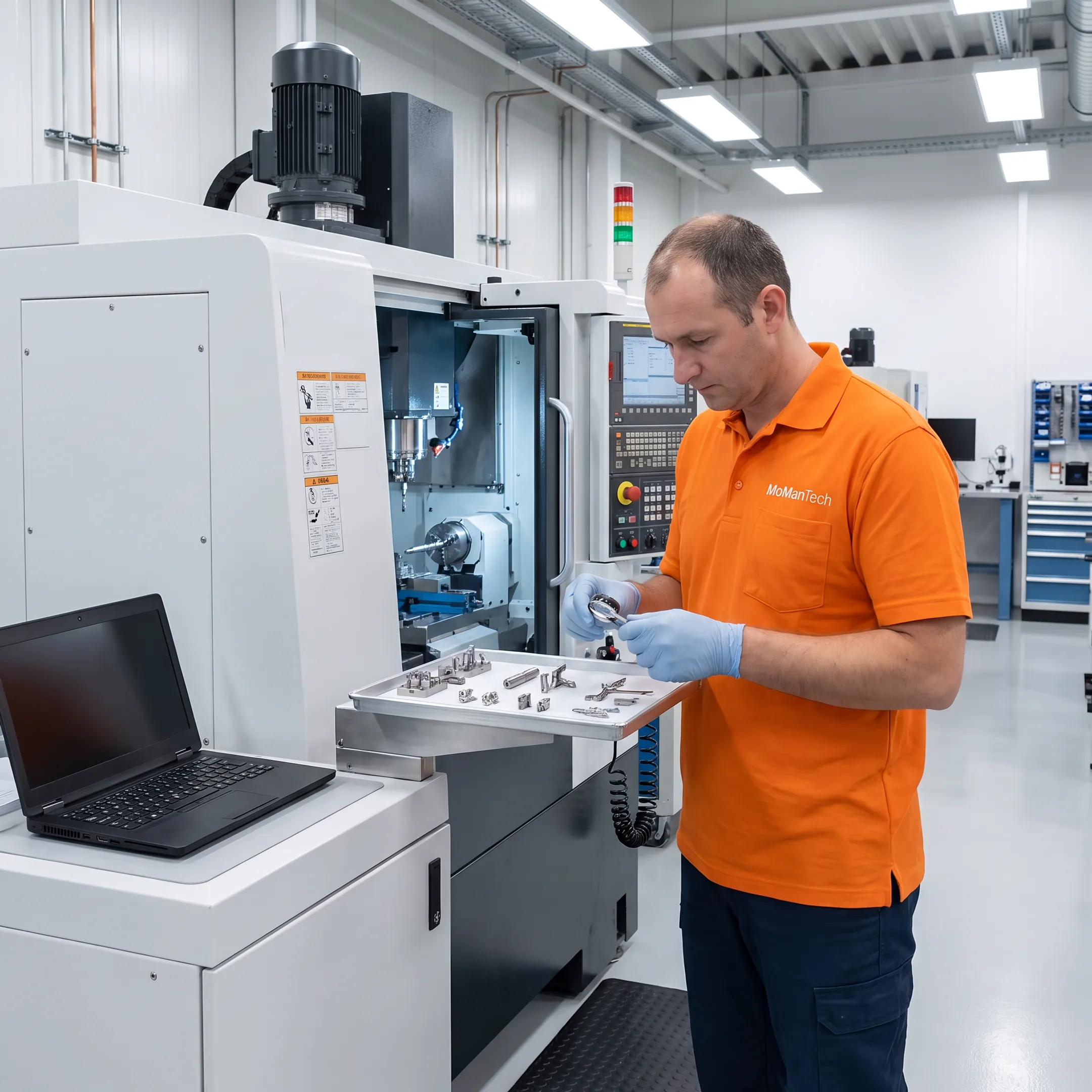 Machinist inspecting a small precision component beside CNC equipment