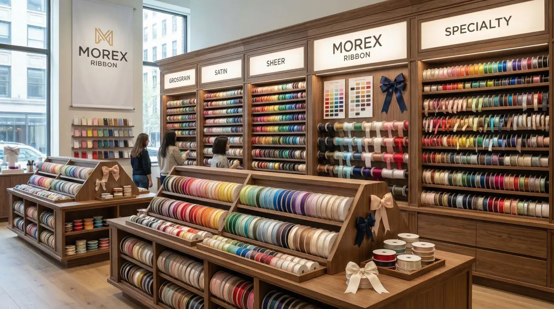 Morex Ribbon wholesale spool display showing grosgrain satin and specialty ribbon styles