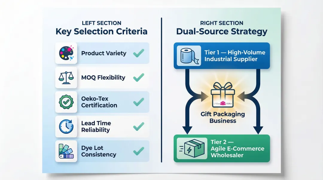 Ribbon supplier selection criteria checklist with dual sourcing strategy for gift packaging