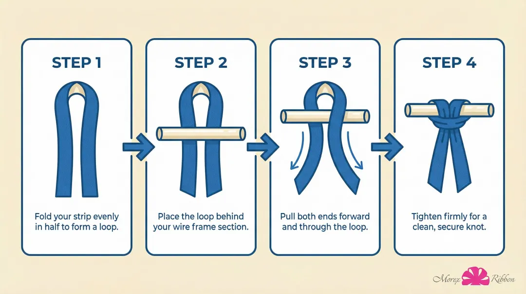 Lark's head knot four-step tying technique for tulle wreath strips