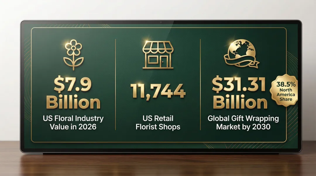 US floral industry market size statistics and ribbon market growth projections infographic