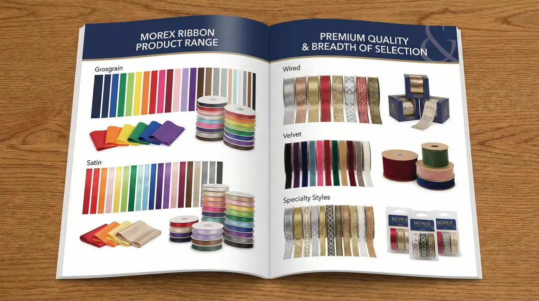 Morex Ribbon product catalog displaying grosgrain satin wired and specialty ribbon styles