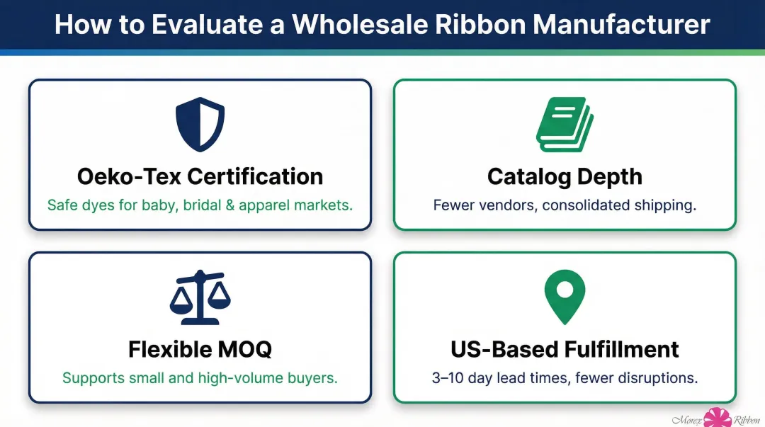Four key evaluation criteria for choosing a wholesale ribbon manufacturer infographic