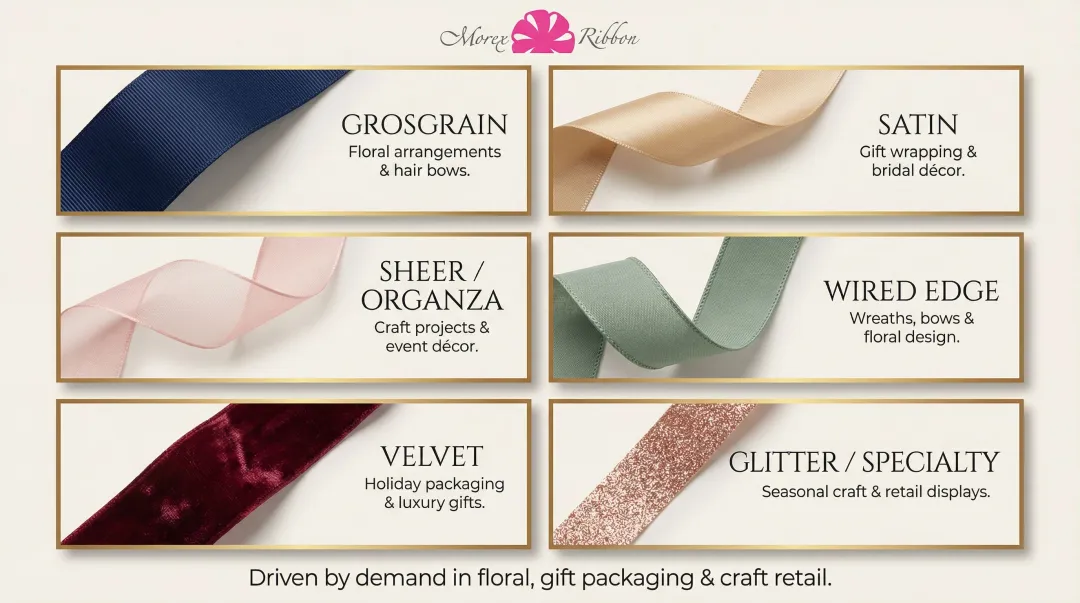 Six common wholesale ribbon types comparison chart with material and use cases