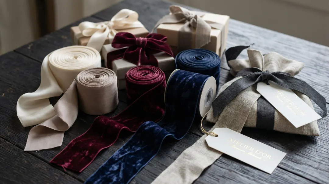 Luxury silk and velvet ribbon samples displayed for premium hotel VIP gifting