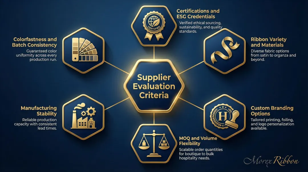 Six-factor ribbon supplier evaluation framework for luxury hospitality procurement infographic