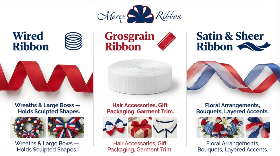 Three patriotic ribbon types wired grosgrain and satin uses comparison infographic