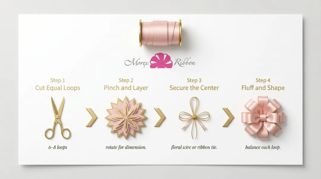 4-step multi-loop satin gift bow making process flow diagram