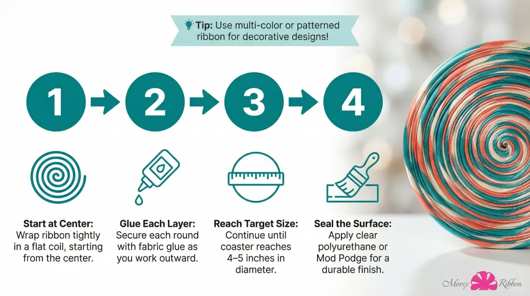4-step satin ribbon coaster crafting process from coil start to sealed finish