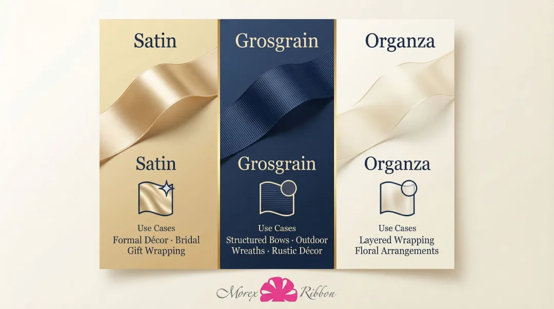 Satin grosgrain and organza ribbon comparison chart with texture finish and use cases