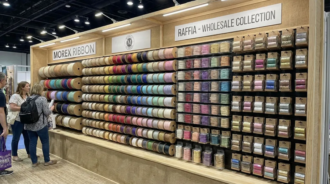 Morex Ribbon wholesale raffia ribbon product display with multiple color spools